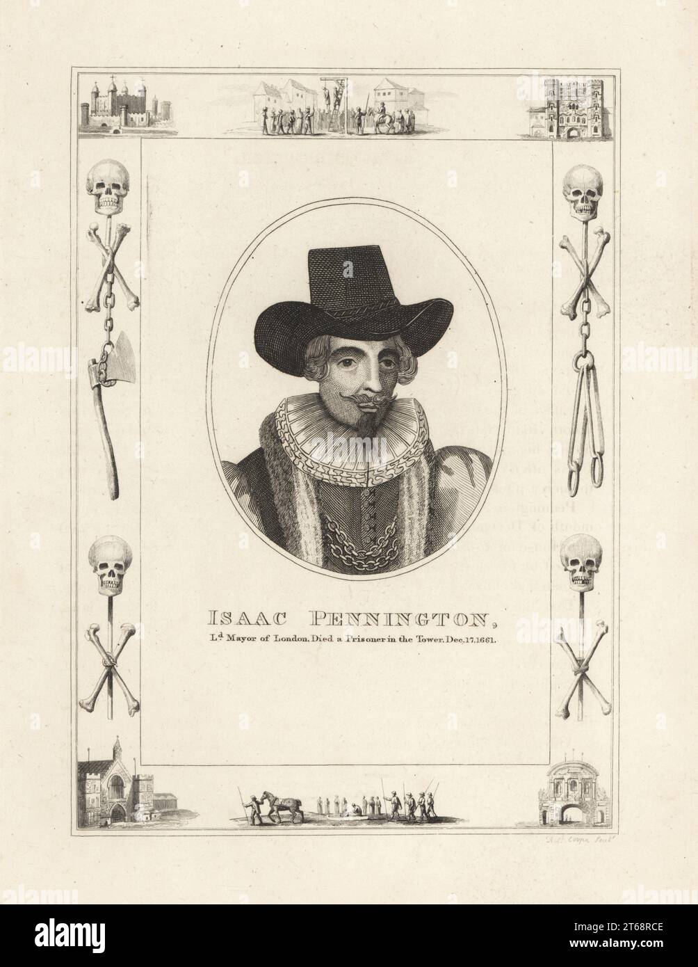 Isaac Pennington starb als Gefangener im Tower of London am 15. Dezember 1661. Pennington oder Penington, c.1584–1661, englischer Politiker, Lord Mayor of London, Parlamentarier und Regizid von König Charles I. In einem Rahmen, der mit Vignetten aus Schädel und Kreuzknochen, Ketten und Henker-Axt verziert ist, hängt ein Mann an einem Gibbet in Tyburn, ein verurteilter Mann auf einem Schlitten, im Tower of London, Newgate Prison. Kupferstich von Robert Cooper aus James Caulfields the High Court of Justice, London, 1820. Stockfoto
