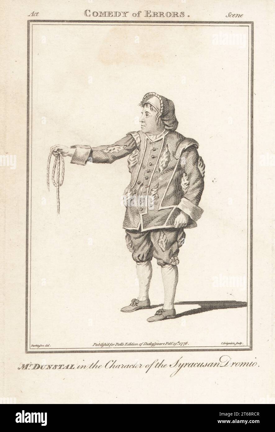 John Dunstall in der Figur des Syracusan Dromio in William Shakespeares Comedy of Irrors, Covent Garden Theatre, 24. April 1762. Mit Hut, aufgeschlitzten Dubletten, Kniebundhosen, mit einem Seil in der Hand. John Dunstal war ein englischer Komiker, 1717-1778. Copperplate-Gravur von Charles Grignion nach einem Porträt von Thomas Parkinson aus John Bell's Edition of Shakespeare, London, 19. Februar 1776. Stockfoto