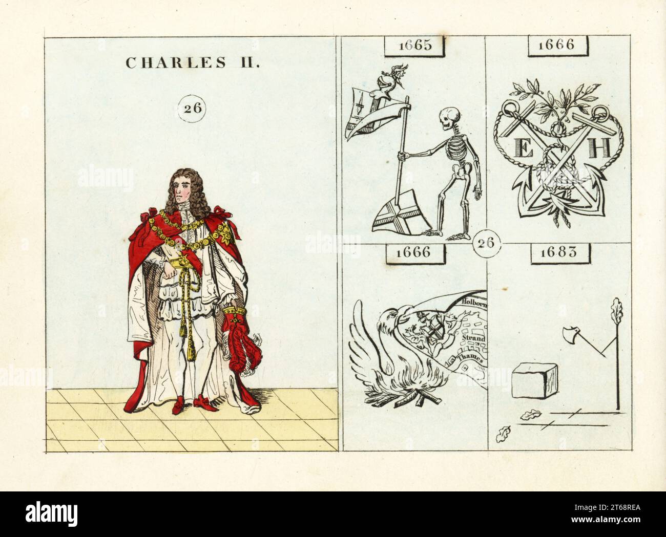 Porträt von König Karl II. Von England, in Mantel, Wappen und Schlauch, mit Hut und Büroketten. Embleme zeigen die Pest von 1665, den Krieg mit Holland, das große Feuer von London und die Hinrichtung von Algernon Sidney und Lord William Russel. Handkolorierter Stahlstich nach einer Illustration von Mary Ann Rundall aus Einer symbolischen Geschichte Englands, von der frühen Zeit bis zur Regierungszeit von Wilhelm IV., J.H. Truchy, Paris, 1839. Mary Ann Rundall war Lehrerin für junge Damen in Bath und veröffentlichte 1815 ihr Buch über Mnemonische Embleme. Stockfoto