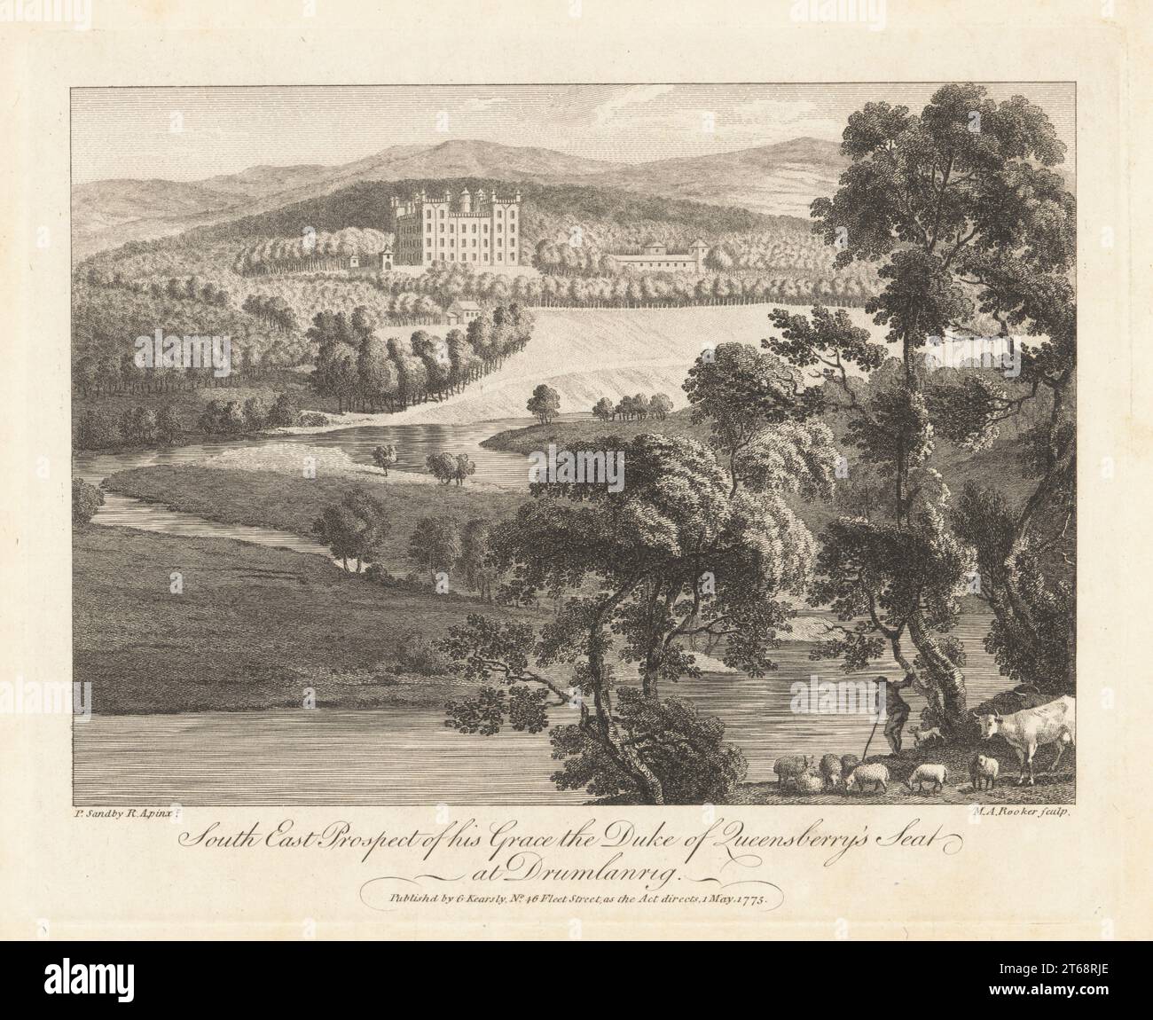 Südöstliche Aussicht auf den Sitz des Herzog von Queensberry in Drumlanrig, Schottland. Pink Palace oder Drumlanrig Castle, Renaissance-Haus aus dem 17. Jahrhundert aus rosa Sandstein. Heimat des schottischen Grundbesitzers William Douglas, 4. Duke of Queensberry. Copperplate-Gravur von Michael Angelo Rooker nach einer Illustration von Paul Sandby vom Copper Plate Magazine oder Monthly Treasure, G. Kearsley, London, 1. Mai 1775. Stockfoto