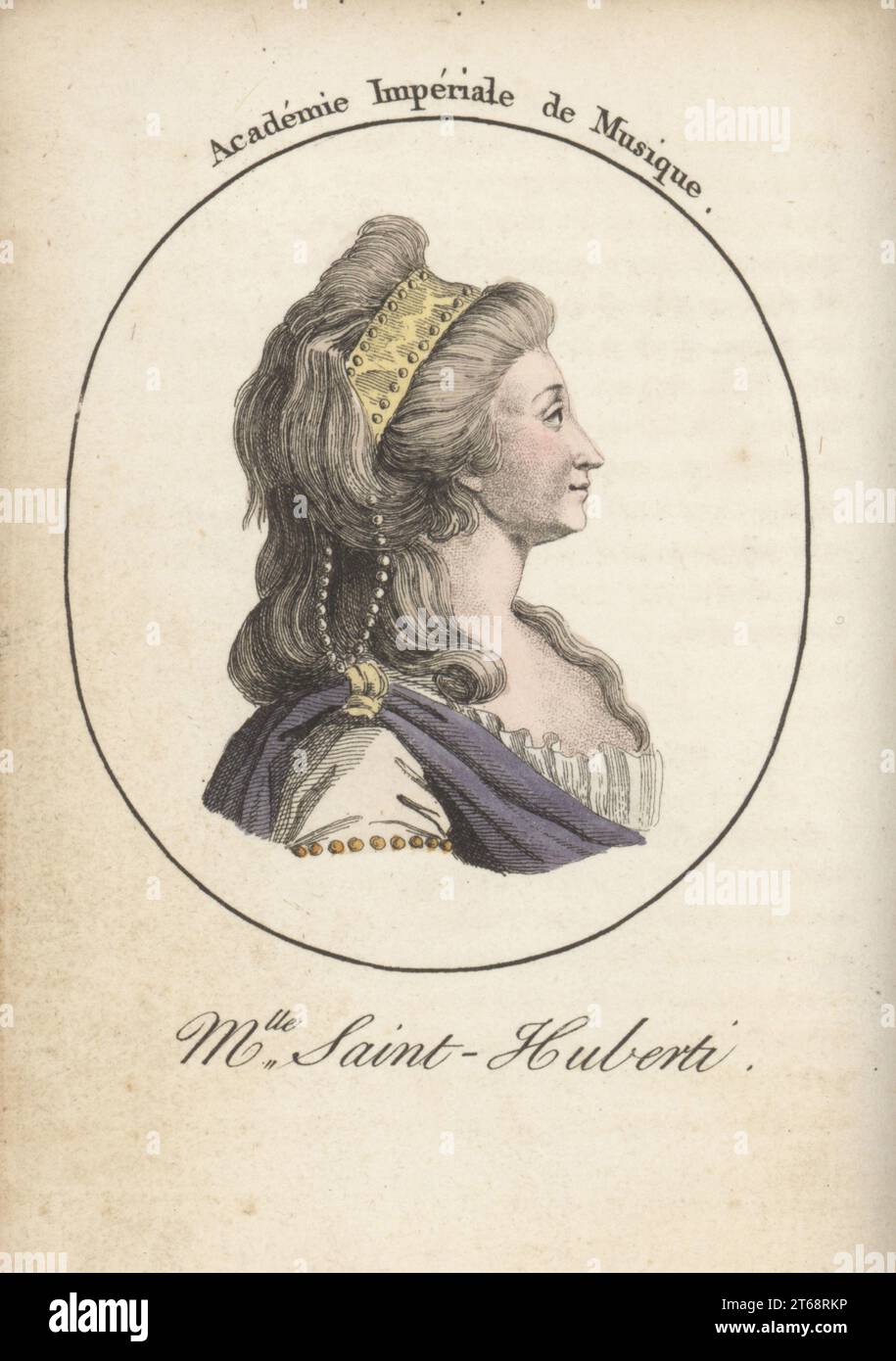 Anne-Antoinette-Cécile Clavel oder Madame Saint-Huberty oder Saint-Huberti, gefeierte französische Opernsopran 1756-1812. Später die Comtesse d'Antraigues, die 1812 mit ihrem Mann in London ermordet wurde. Mlle Saint-Huberti. Academie Imperiale de Musique. Handkolorierter Kupferstich nach Jacques Grasset Saint-Sauveur von Acteurs et Actrices Cebres, berühmten Schauspielern und Schauspielerinnen, Le Caliz Latour Libraire, Paris, 1808. Stockfoto