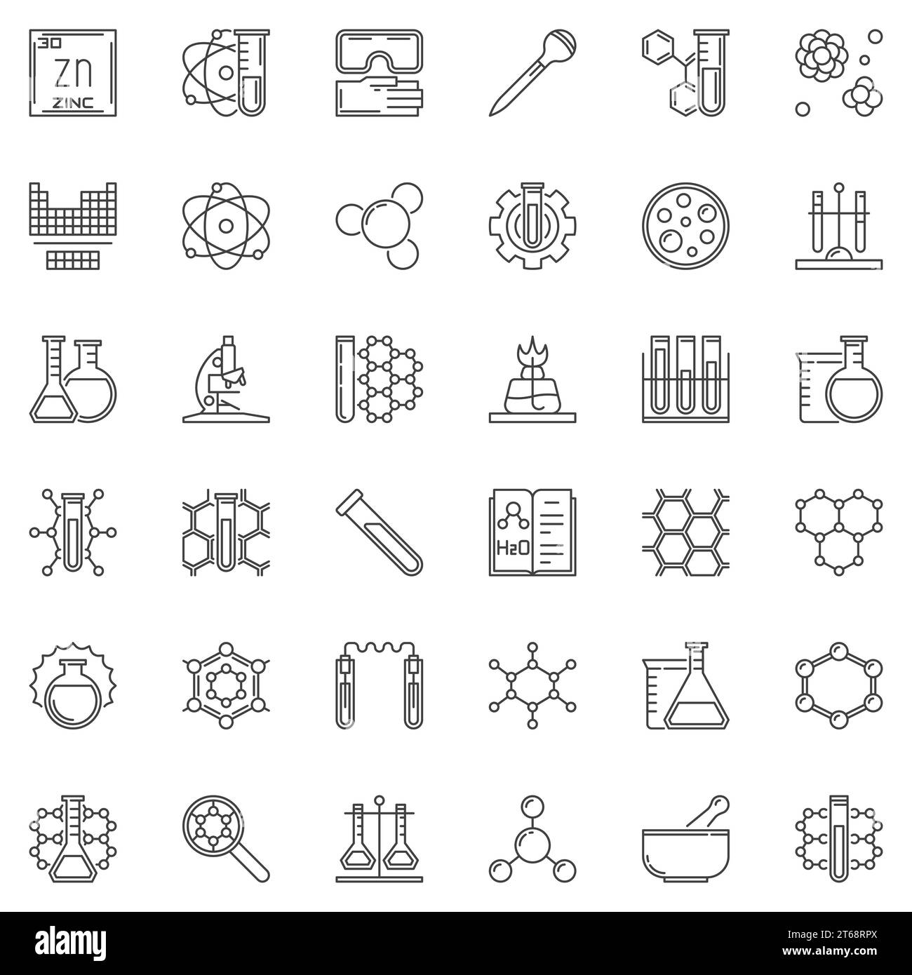 Vektorkonzept für Wissenschaft und Chemie umrissen Symbole. Chemische Laborsymbole in dünner Linienform Stock Vektor