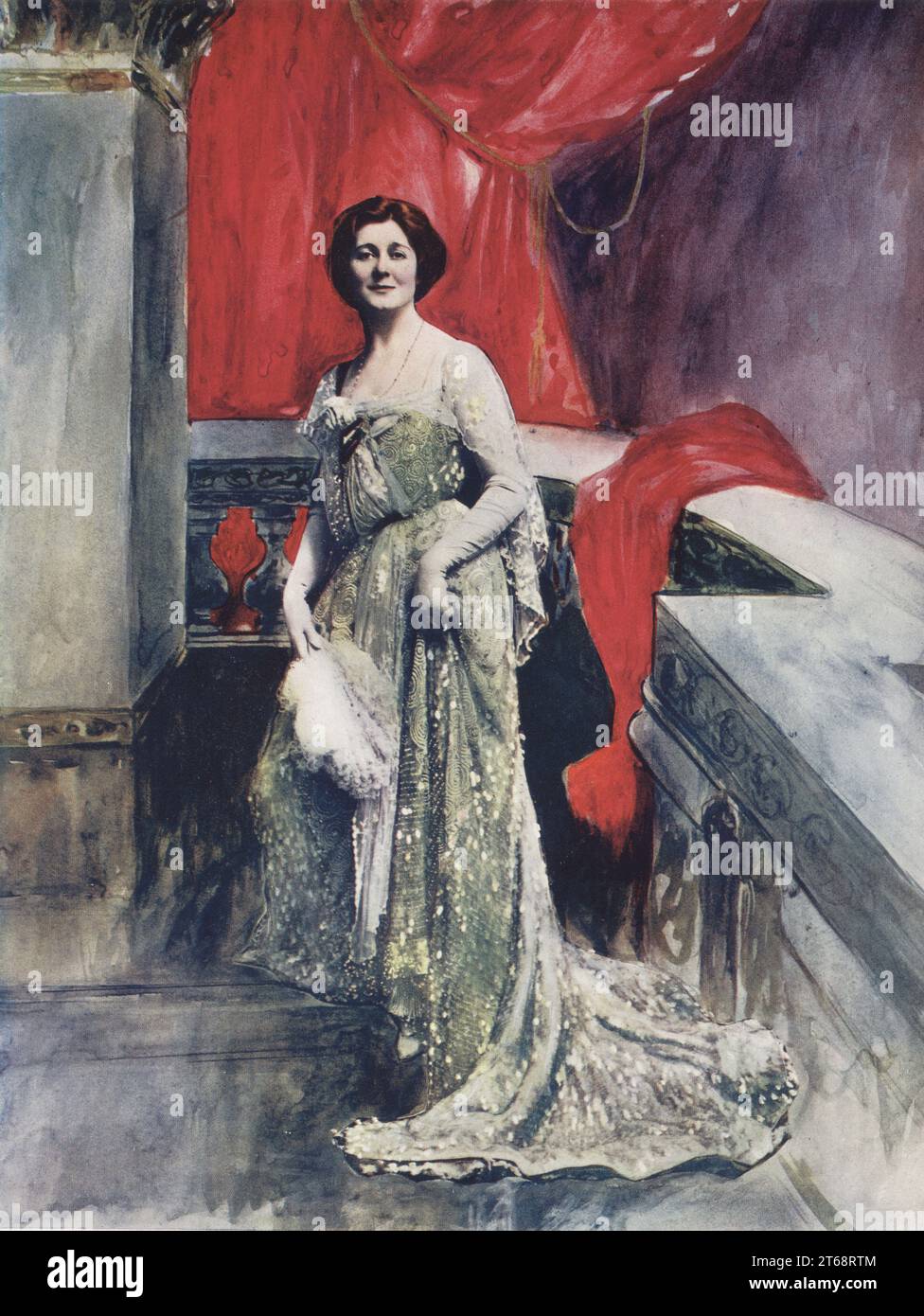 Studio-Porträt von Miss Miriam Clements oder Mrs. Cecil Ainsley Walker-Leigh, britische Schauspielerin, debütierte 1893, starb 1954. In formellem Kleid auf einem Theaterbalkon mit Vorhängen. Foto von Reginald Fellows Willson. Farbdruck einer handkolorierten Illustration basierend auf einem monochromen Foto von George Newness Players of the Day, London, 1905. Stockfoto