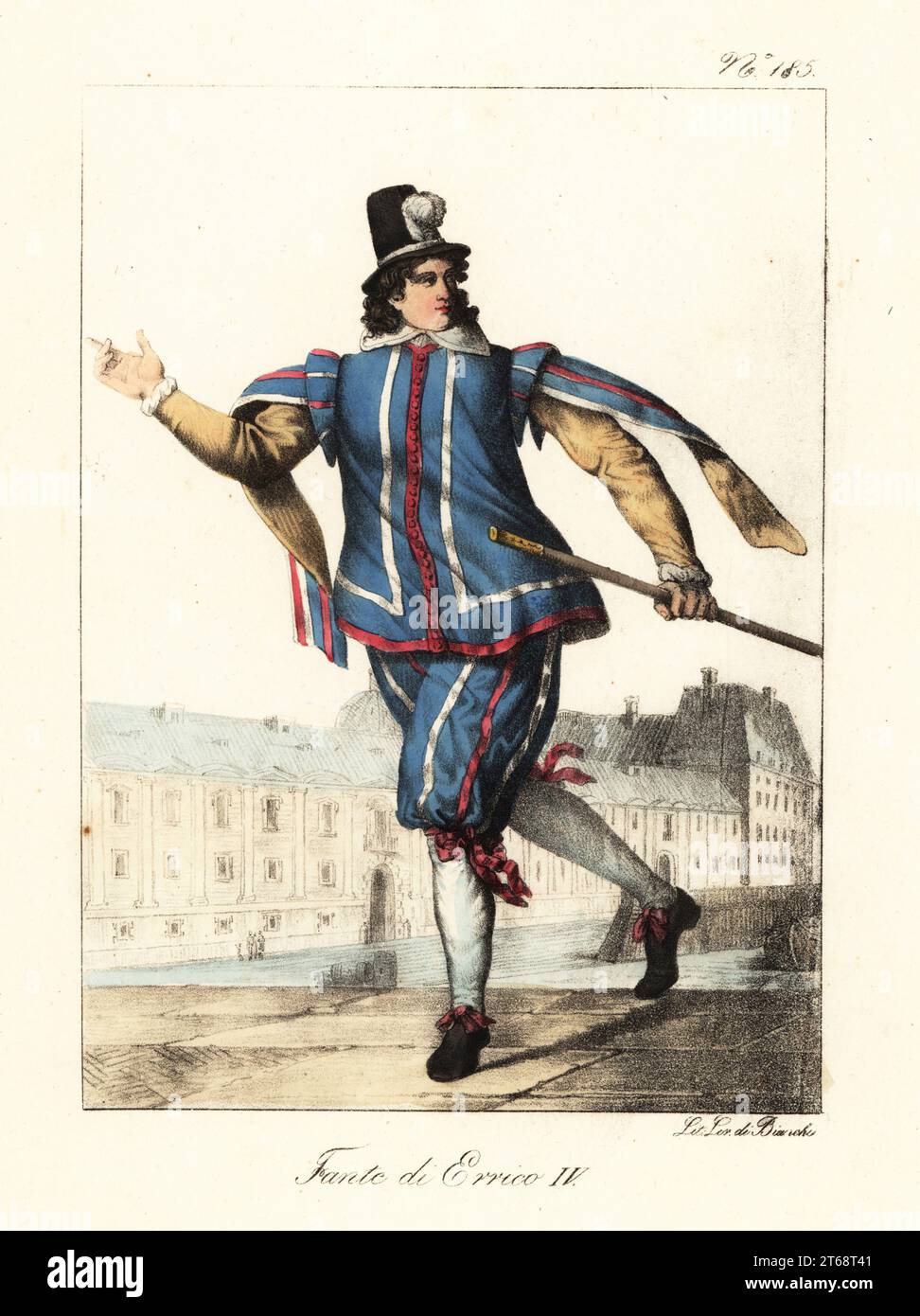 Fußdiener für König Heinrich IV. Von Frankreich, um 1600. In gefederter Mütze, gestreifter Hose aus Wimpernhose und Kürbishose, Schlauch, Schuhen und Stock. Valet de Pied du ROI, Regne de Henry IV Handkolorierte Lithographie von Lorenzo Bianchi und Domenico Cuciniello nach Hippolyte Lecomte aus Costumi civili e militari della monarchia francese dal 1200 al 1820, Neapel, 1825. Italienische Ausgabe der Lecomtes Zivil- und Militärkostüme der französischen Monarchie von 1200 bis 1820. Stockfoto