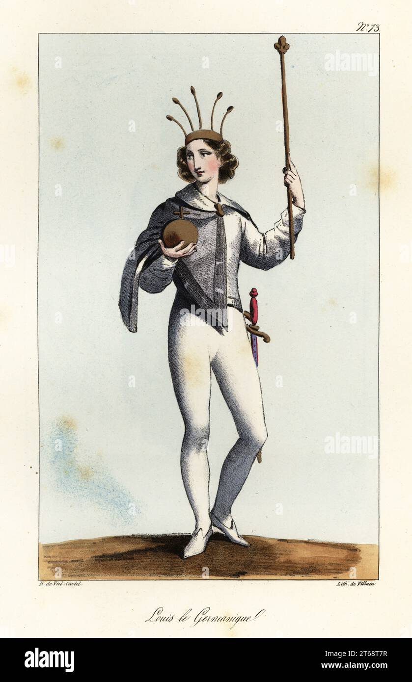 Ludwig der Deutsche (um 806876) oder Ludwig II., erster König von Ostfranken. Enkel von Kaiser Karl dem Großen und dritter Sohn von Ludwig dem Frommen, Kaiser von Francia und Ermengarde von Hesbaye. Er trägt eine unverwechselbare Krone, graue ärmellose Jacke oder Sayon, weißes Wimperntuch und Schlauch und trägt Kugel, Zepter und Schwert. Louis le Germanique. Handkolorierte Lithographie von Bösewicht nach einer Illustration von Horace de vier-Castel aus seiner Sammlung des Kostüms, Armes et meubles pour servir à l'histoire de la France (Sammlung von Kostümen, Waffen und Möbeln für die Geschichte Frankreichs), Treuttel & Wurtz Stockfoto