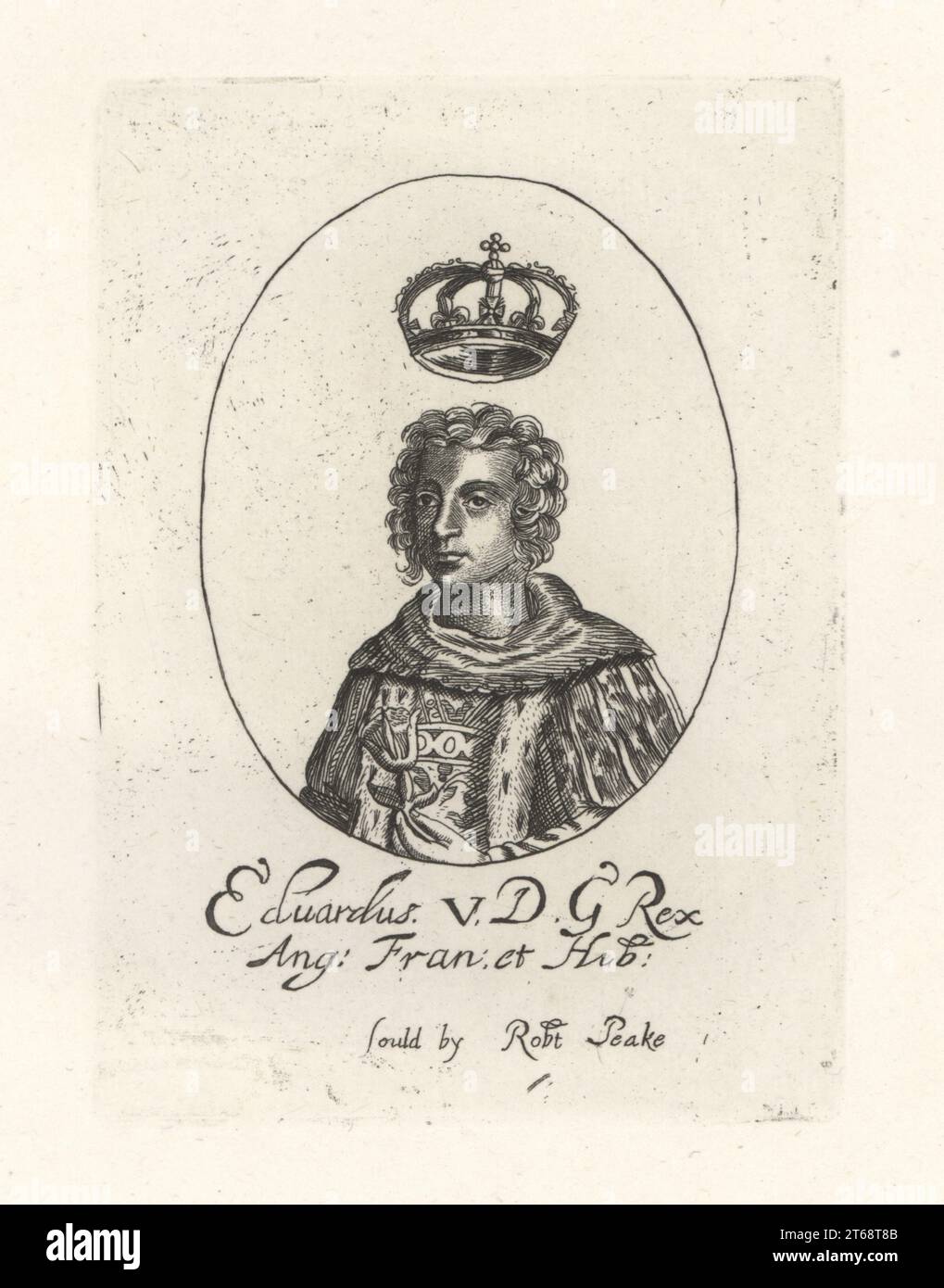 Ovales Porträt von Eduard V. von England, 1470-1483. Einer der Prinzen im Turm wurde angeblich von Richard III. Ermordet In einem Wappengewand mit einer Rose, einer Krone, die über seinem Kopf schwebt. Edwardus V GD Rex Ang Fran et Hib. Aus William Faithornes Kings-Set, verkauft von Robert Peake. Kupferstich aus der Samuel Woodburns Gallery mit seltenen Porträts bestehend aus Original Plates, George Jones, 102 St Martins Lane, London, 1816. Stockfoto