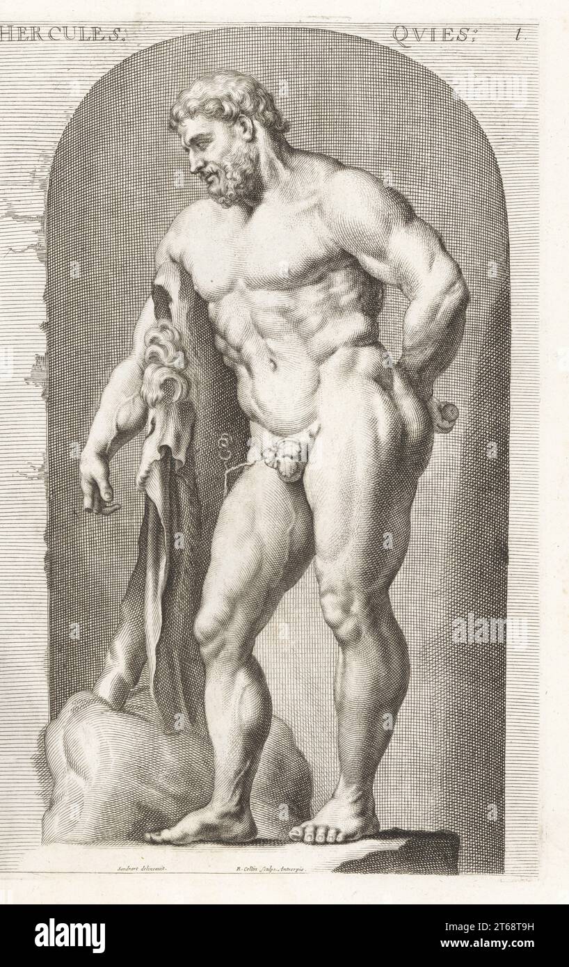 Die Farnese Herkules Skulptur aus Marmor. Römischer Held Herkules (griechischer Herakles) lehnt sich auf seinen Schläger, bedeckt mit Nemäer Löwenfell, goldenen Äpfeln hinter seinem Rücken, Feigenblatt über seinen Genitalien. Im Palazzo Farnese, Rom. Kupferstich von Richard Collin nach einer Illustration von Joachim von Sandrart aus seiner LAcademia Todesca, della Architectura, Scultura & Pittura, oder Teutsche Academie, der Edlen Bau- Bild- und Mahlerey-Kunste, Deutsche Akademie für Architektur, Skulptur und Malerei, Jacob von Sandrart, Nürnberg, 1675. Stockfoto