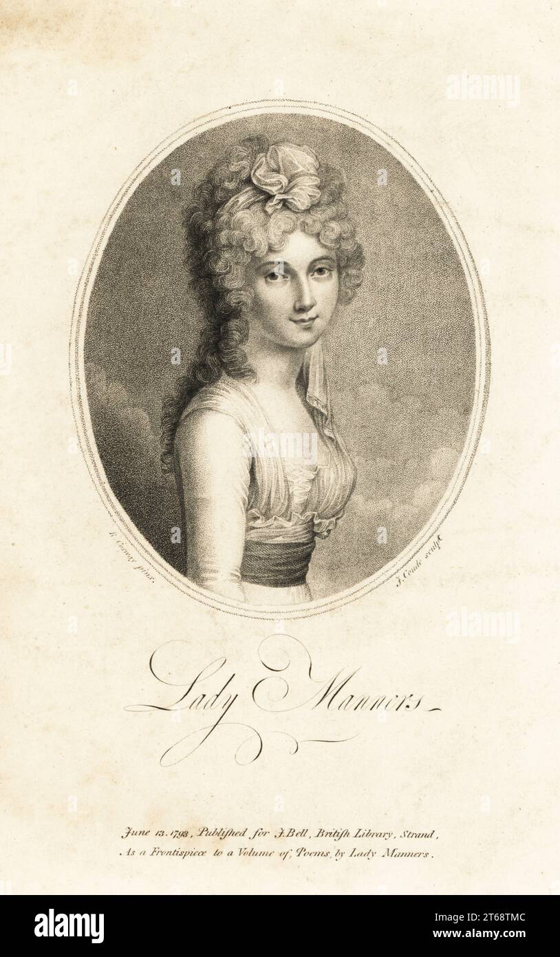 Lady Catherine Rebecca Manners (1766-1852), irische Dichterin und Kritikerin, Tochter von Francis Gray und Ehefrau von Sir William Manners Tollemache, Lord Huntingtower, Baronet von Hanby Hall. Autor von Gedichten (1793) und Review of Poetry (1799). Ovaler Porträt Kupferstich von F. Conde nach einem Porträt von Richard Cosway, Frontispiz zu einem Buch von Lady Manners' Gedichten, herausgegeben von John Bell, British Library, London, 1793. Stockfoto