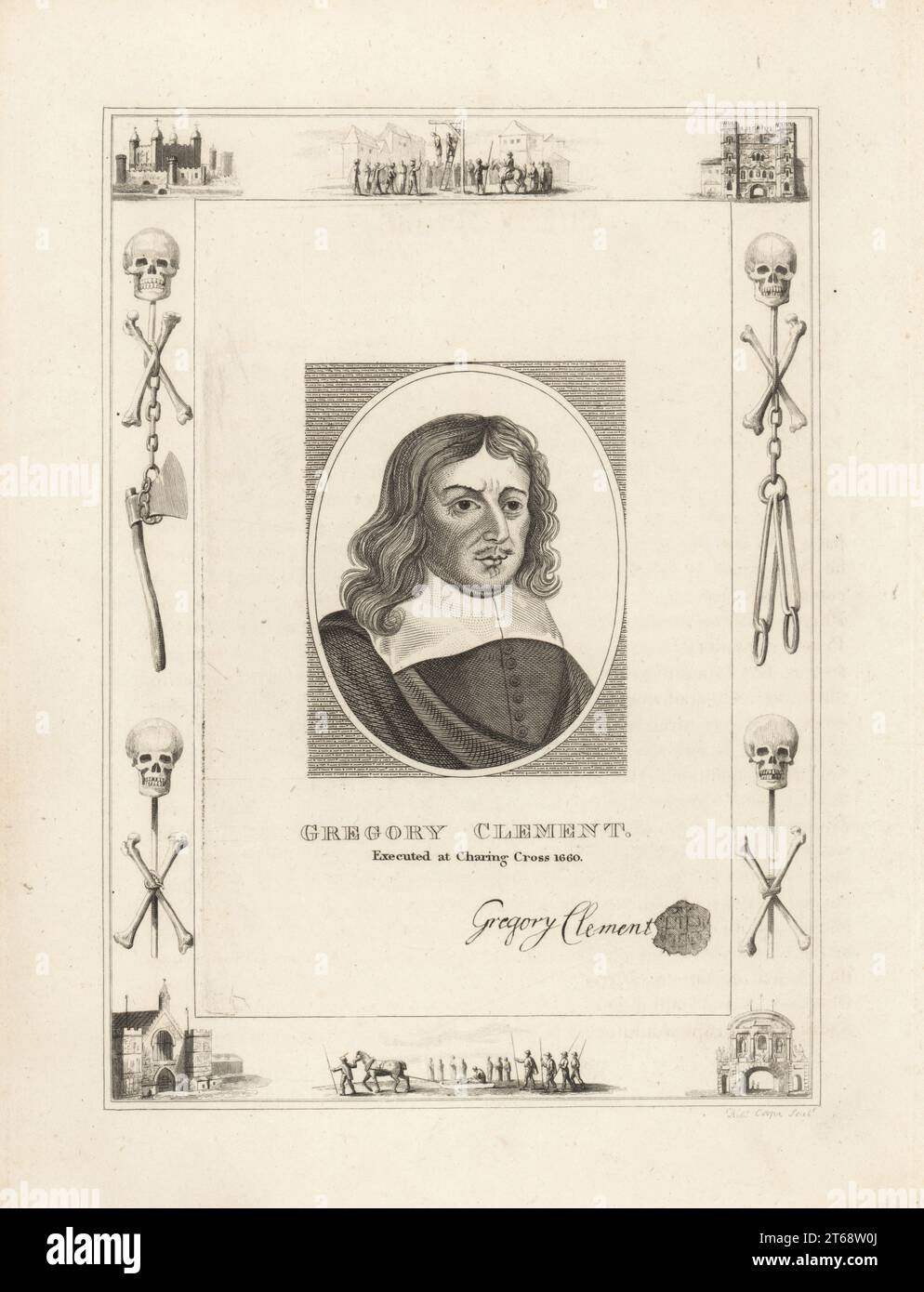 Gregory Clemens, 1594–1660, am 17. Oktober 1660 in Charing Cross hingerichtet. Englisches Parlamentsabgeordnetes und Regimord von König Karl I., vor Gericht gestellt und gehängt, gezogen und geviertelt. Mit seinem Autogramm und Siegel. In einem Rahmen, der mit Vignetten aus Schädel und Kreuzknochen, Ketten und Henker-Axt verziert ist, hängt ein Mann an einem Gibbet in Tyburn, ein verurteilter Mann auf einem Schlitten, im Tower of London, Newgate Prison. Kupferstich von Robert Cooper aus James Caulfields the High Court of Justice, London, 1820. Stockfoto