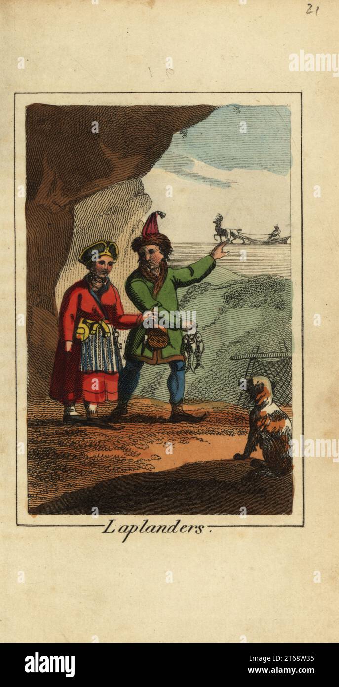 Samische Leute, Lappländer, Mann und Frau von Lappland, 1818. Der Mann hält eine Klammer Fisch und zeigt auf einen Mann, der auf einem Schlitten fährt, der von einem Rentier gezogen wird. Handkolorierter Kupferstich von Mary Anne Vennings Eine geographische Gegenwart mit Beschreibungen der wichtigsten Länder der Welt, Darton, Harvey and Darton, London, 1818. Venning schrieb Anfang des 19. Jahrhunderts Lehrbücher über Geographie, Conchologie und Mineralogie. Stockfoto