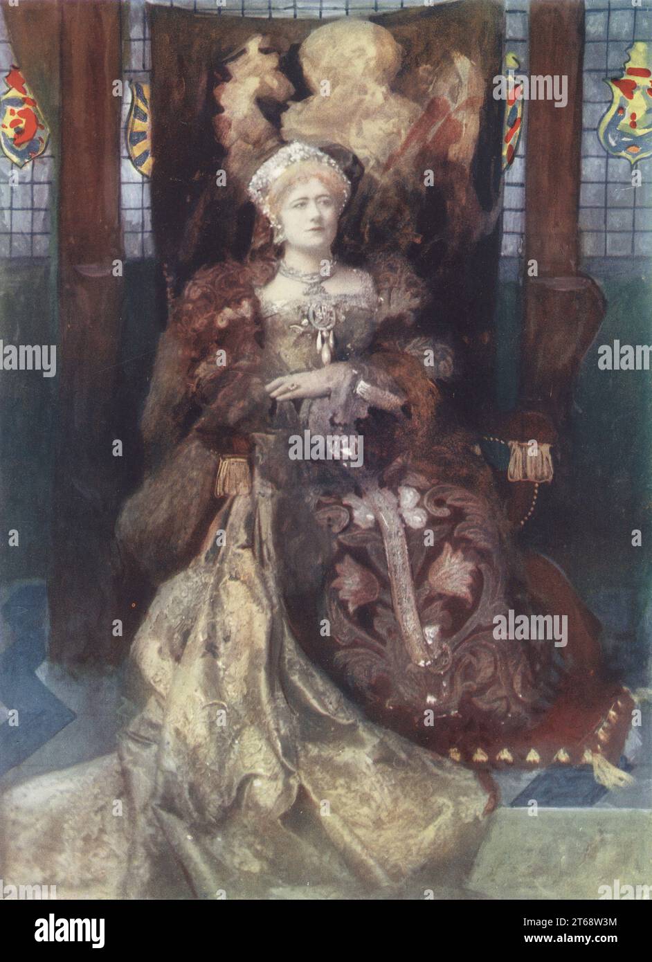 Miss Ellen Terry als Königin Katherine von Aragon in William Shakespeares Heinrich VIII. In einem Kostüm, das Sir Henry Irving für die Produktion im Lyceum 1892 entwarf. Dame Alice Ellen Terry, englische Schauspielerin der viktorianischen und edwardianischen Epoche, 1847–1928. Foto von Window and Grove (Frederick Richard Window und William Henry Grove). Farbdruck einer handkolorierten Illustration basierend auf einem monochromen Foto von George Newness Players of the Day, London, 1905. Stockfoto