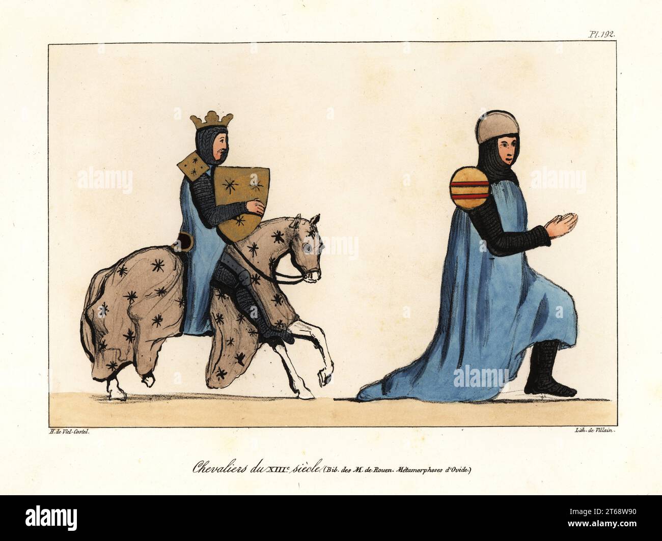 Französische Ritter in Rüstung mit Schultern oder ailetten mit Wappen, 13. Jahrhundert. Sie tragen eine Kettenpanzerung, Tunika, Helm und das Pferd trägt eine Rüstungskaparison. Aus einer Handschrift in der Bibliothek Rouen, die Metamorphose von Ovid.Chevaliers du XIIIe siecle (Bib. Des M. de Rouen, Metamorphoses dOvide). Handkolorierte Lithografie von Bösewicht nach einer Illustration von Horace de vier-Castel aus seiner Sammlung des Kostüms, Armes et meubles pour servir à l'histoire de la France (Sammlung von Kostümen, Waffen und Möbeln für die Geschichte Frankreichs), Treuttel & Wurtz, B. Stockfoto