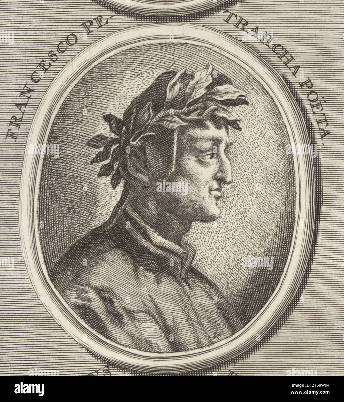 Petrarch, italienischer Gelehrter und Dichter der frühen Renaissance und einer der frühesten Humanisten, 1304–1374. Francesco Petrarcha Poeta. Kupferstich nach einer Illustration von Joachim von Sandrart aus seiner LAcademia Todesca, della Architectura, Scultura & Pittura, oder Teutsche Academie, der Edlen Bau- Bild- und Mahlerey-Kunste, Deutsche Akademie für Architektur, Skulptur und Malerei, Jacob von Sandrart, Nürnberg, 1675. Stockfoto