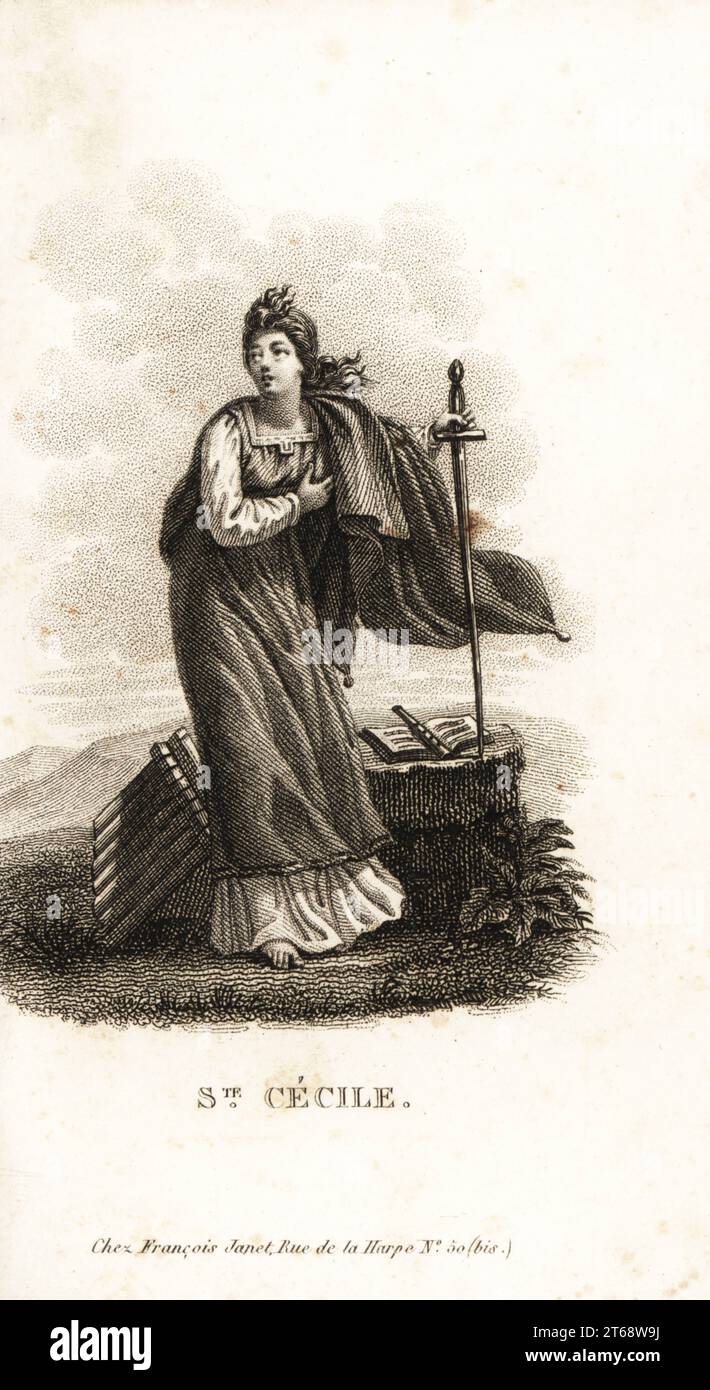Saint Cecilia, Sainte Cecile, Märtyrer 232 n. Chr. Römischer Jungfrau-Märtyrer und Patronin der Musik und Musiker. Sie überlebte drei Tage, nachdem sie mit einem Schwert enthauptet wurde. Dargestellt mit Schwert, Musikinstrumenten und Karten. Kupferstich von Mr. M. es Les Jeunes Martyre de la Foi Chretienne, Junge Märtyrer des christlichen Glaubens, Francois Janet, Paris, 1819. Stockfoto