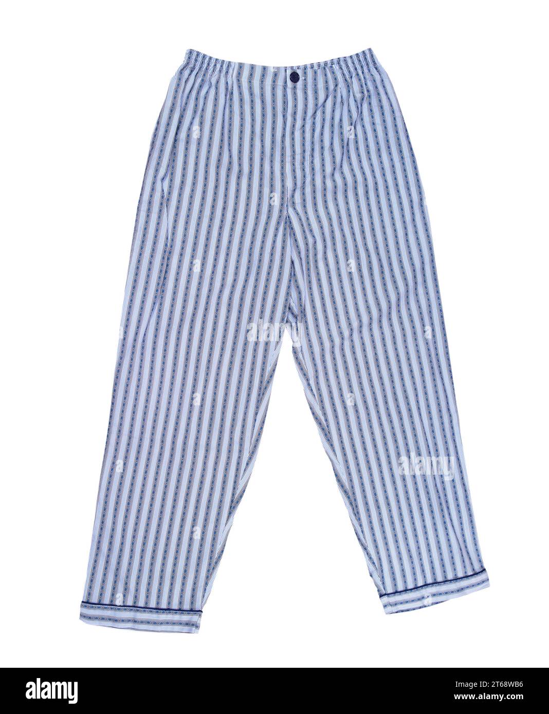 Gestreifte Pyjamahose in blauer Farbe von isoliert auf weiß, Draufsicht. Schlafhose Nahaufnahme Stockfoto