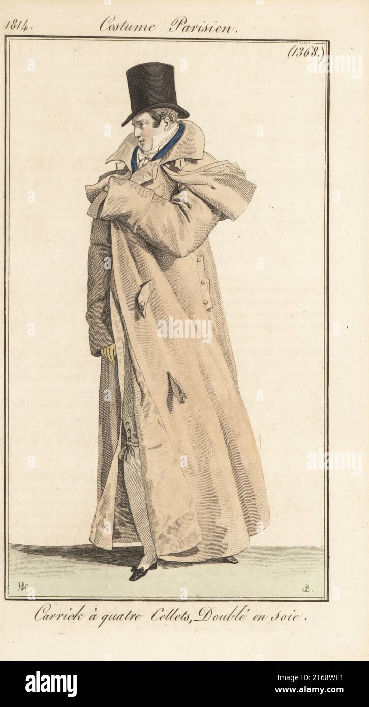 Französischer Gentleman mit Top-Hut, langem carrick-Mantel mit vier cape-Kragen, mit Seide gefüttert. Carrick a quatre Collets, Double en Soie. Handkolorierter Kupferstich von Pierre-Charles Baquoy nach einer Modetafel von Horace Vernet aus Pierre de la Mesangeres Journal des Dames et des Modes, Zeitschrift für Frauen und Mode, Paris, 1814. Stockfoto