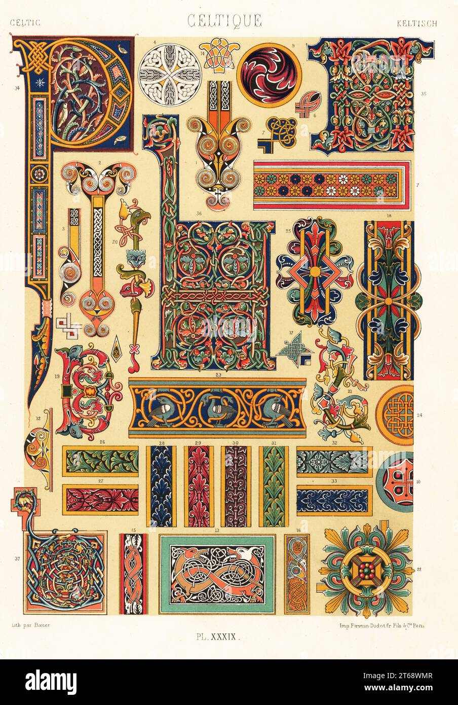 Keltische Handschriftendekoration, 7. Bis 11. Jahrhundert. Aus den Evangelien von Durrow 1-6, Book of Kells 7,8, Königliche Handschriften 9,10, Codex Aurens 11, Thomas 12, Kommentare zu den Psalmen 13, Tschad 15, Psalter 15, Mac Durnan 16,17, Lateinische Evangelien 18, Codex Vossianus 19-21, Benedictionale 22 von St. Ethelwulf, Grand Latin Psalter 23,24, Arundel Psalter 25-33, und beleuchtete Initialen aus der Abtei St Germain des Pres 34-37. Celtique. Handgefertigte Chromolithographie von Bauer von Albert-Charles-Auguste Racinets LOrnement polychrome, (polychromatisches Ornament), Firmin-Dido Stockfoto