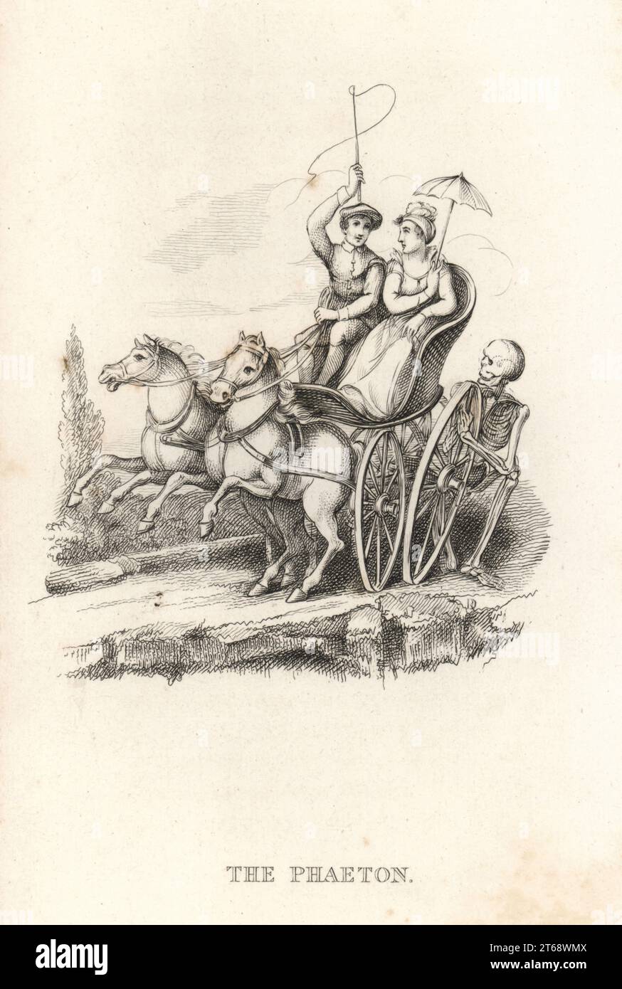 Das Skelett des Todes und das Phaeton. Der Tod kniet hinter einem zwei-Pferde-Gig, der ein Rad von der Achse löst. Ein Mann knackt eine Peitsche auf dem Fahrersitz und eine Frau hält einen Sonnenschirm. Illustration auf Stahl gezeichnet und graviert von Richard Dagley aus seinen eigenen Todesfällen, bestehend aus zahlreichen Originalkompositionen in Vers und Prosa, J. Andrews, London, 1827. Dagley (1761–1841) war ein englischer Maler, Illustrator und Kupferstecher. Stockfoto