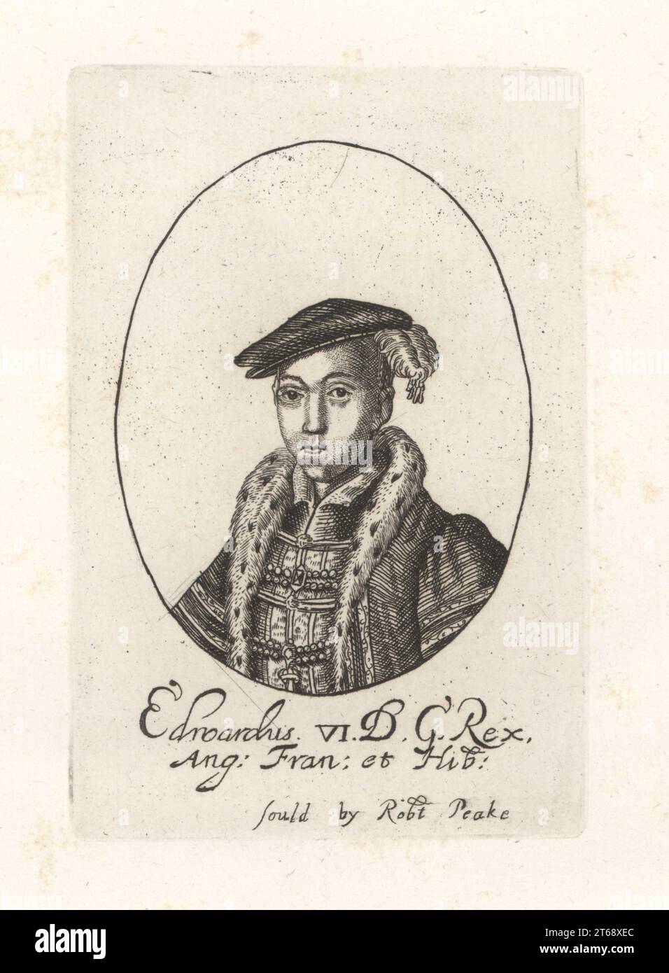 Ovales Porträt von König Eduard VI. Von England, Junge König, der krank wurde und im Alter von 15 Jahren von 1537 bis 1553 starb. In gefiederter Mütze, Hermelin-Mantel, Wappen mit Kragen. Edwardus VI GD Rex Ang Fran et Hib. Aus William Faithornes Kings-Set, verkauft von Robert Peake. Kupferstich aus der Samuel Woodburns Gallery mit seltenen Porträts bestehend aus Original Plates, George Jones, 102 St Martins Lane, London, 1816. Stockfoto