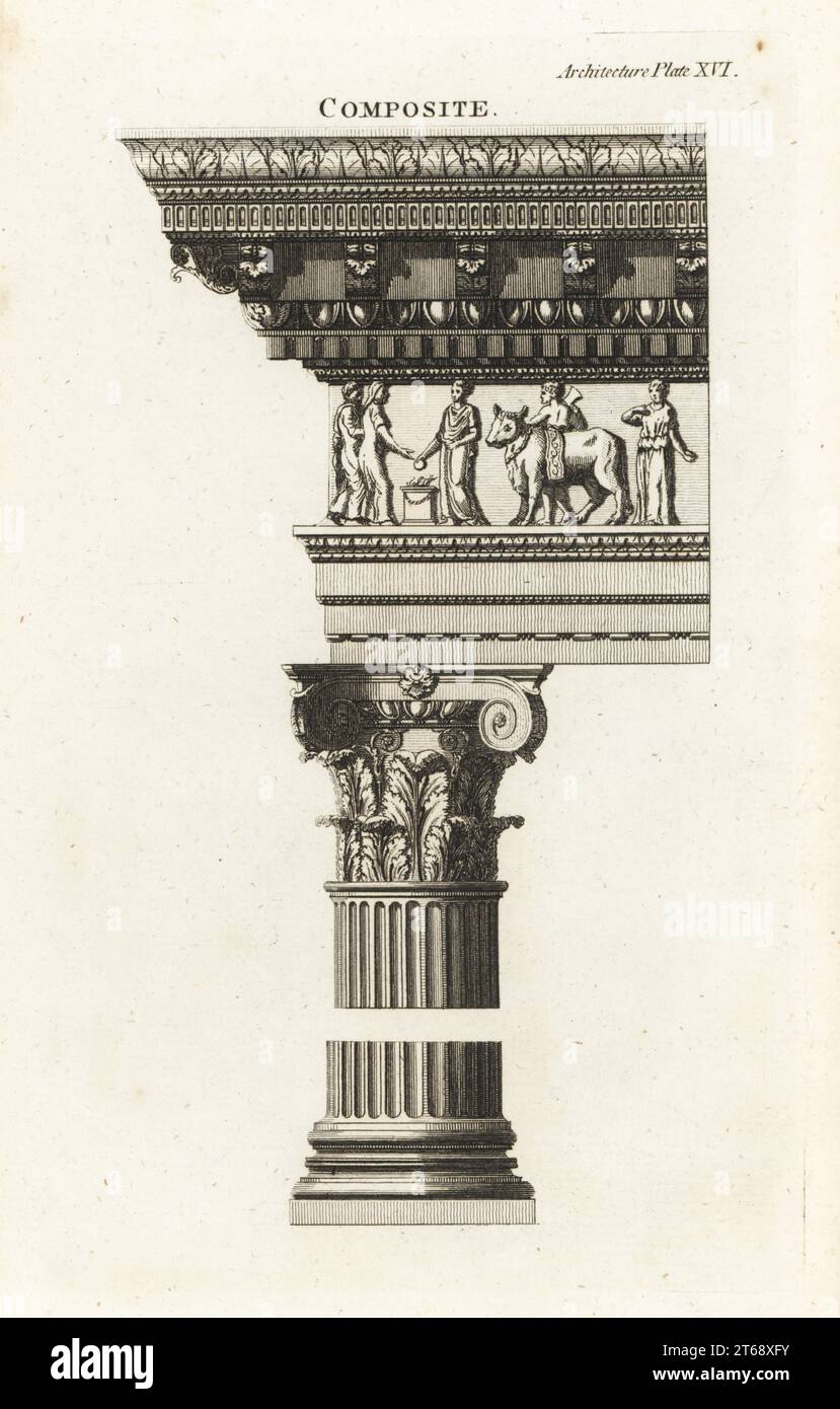 Kompositiver Befehl aus dem Titusbogen, Rom. Reich verziertes Fries, Hauptstadt mit korinthischen Akanthus und ionischem Echinus, Gesims mit korinthischen Modillionen und ionischen Zahnzähnen. Kupferstich von Francis Fitzgeralds the Artists Repository and Drawing Magazine, Charles Taylor, London, 1785. Stockfoto