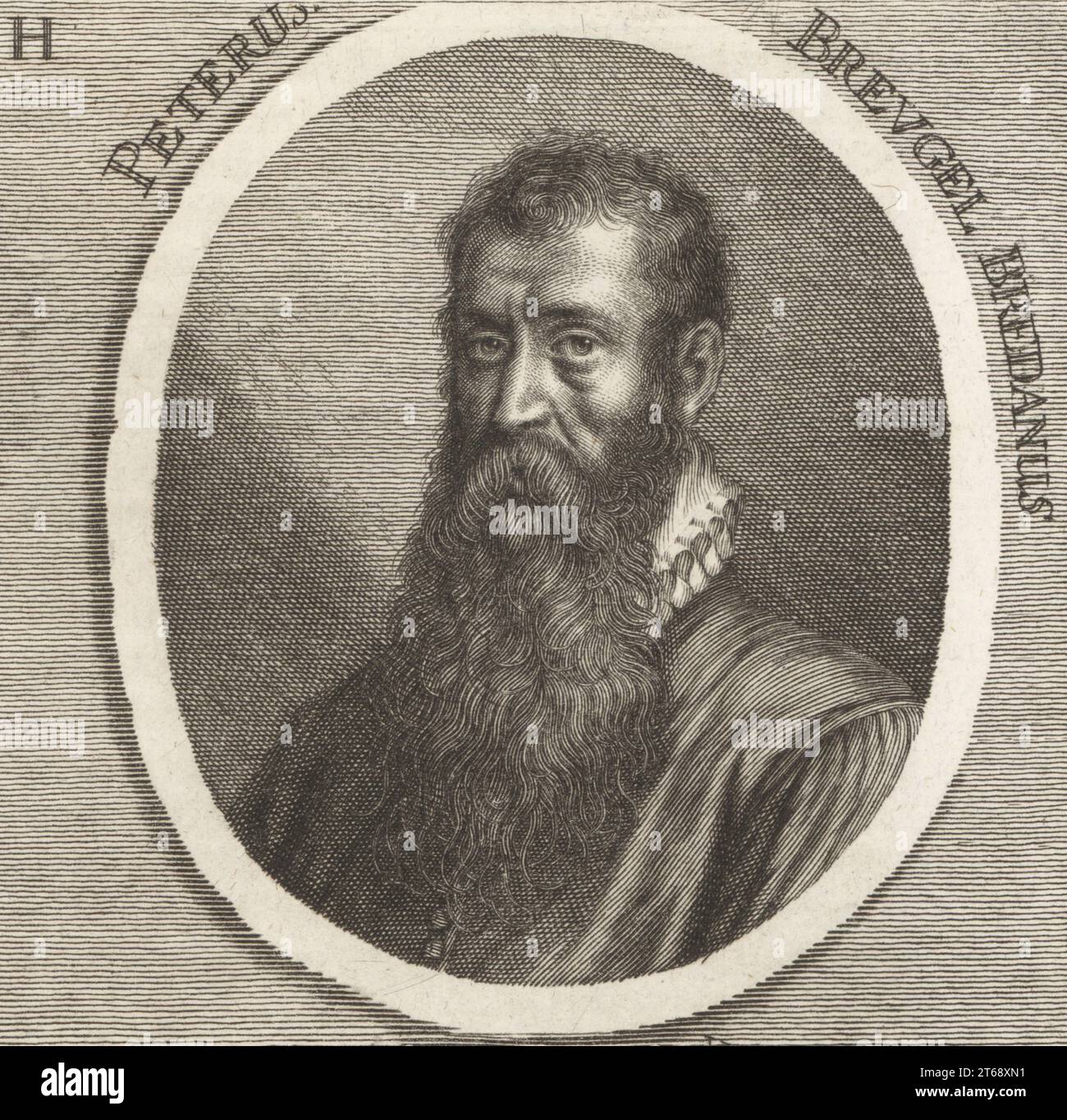 Pieter Bruegel der ältere, niederländischer Renaissance-Maler und Printmacher, um 1525–1569. Geboren in Breda, bekannt für seine Landschaften und Genre-Szenen. Peterus Breugel Bredanus. Kupferstich von Johann Georg Waldreich nach einer Illustration von Joachim von Sandrart aus seiner LAcademia Todesca, della Architectura, Scultura & Pittura, oder Teutsche Academie, der Edlen Bau- Bild- und Mahlerey-Kunste, Deutsche Akademie für Architektur, Skulptur und Malerei, Jacob von Sandrart, Nürnberg, 1675. Stockfoto
