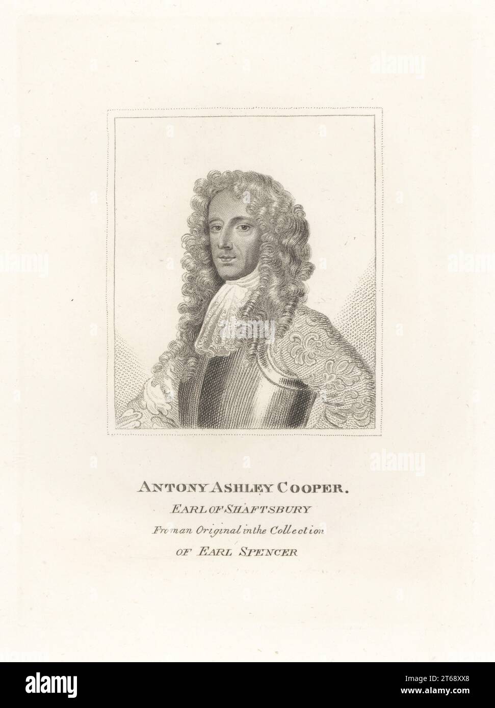 Antony Ashley Cooper, Earl of Shaftesbury, 1621-1683. Englischer Whig-Politiker während des Interregnums und der Regierungszeit von König Karl II Mit langer Perücke, Krawatte, Brustpanzer und Brokatduck. Aus einem Original aus der Sammlung von Earl Spencer. Kupferstich aus der Samuel Woodburns Gallery mit seltenen Porträts bestehend aus Original Plates, George Jones, 102 St Martins Lane, London, 1816. Stockfoto
