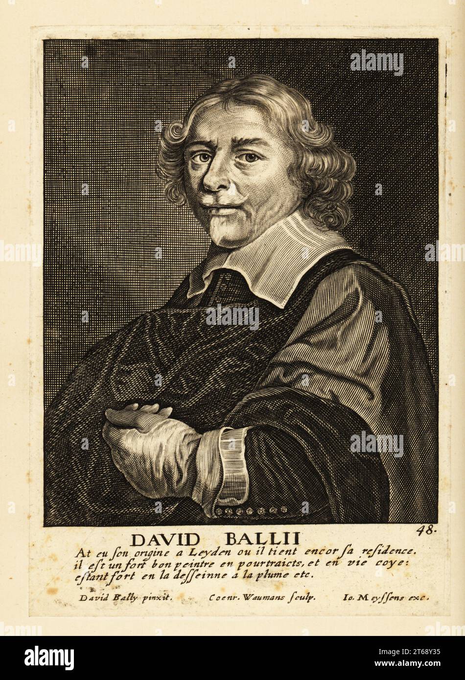 Porträt von David Bailly, niederländischer Maler des Goldenen Zeitalters von Porträts und Stillleben, 1584–1657. Kupferstich von Coenrad Waumans nach einem Selbstporträt von David Ballii, veröffentlicht in Johannes Meyssens Image de Divers hommes d’esprit sublime, Antwerpen, 1649. Stockfoto