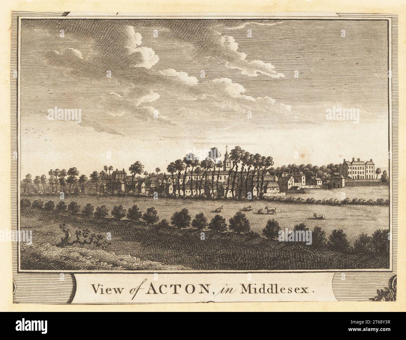 Blick auf das Dorf Acton, Middlesex, 1784. Ländliche Szene, in der Schafe auf Feldern, Wäldern, St. Marias Kirche und Häuser in Acton. Kupferstich von John Peltro aus William Thorntons New, Complete and Universal History of the City of London, Alexander Hogg, King's Arms, No. 16 Paternoster Row, London, 1784. Stockfoto