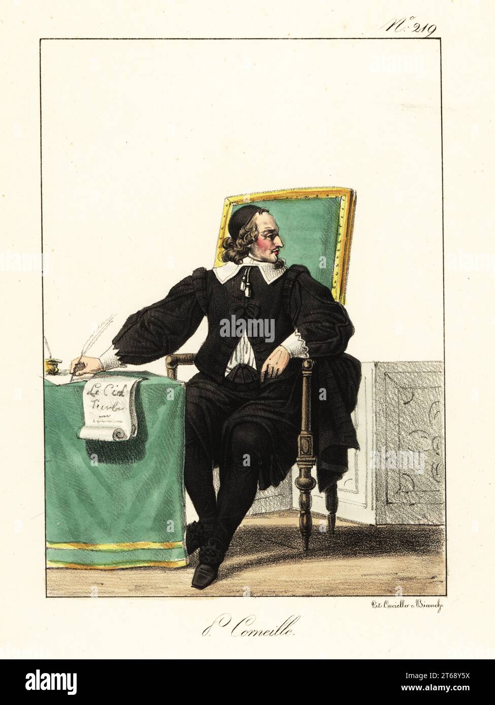 Der französische Schriftsteller Pierre Corneille, 1606-1684, Tragedian und Dramatiker. In schwarzer Mütze, Jacke, Reithose, Schlauch, Sitzplatz am Schreibtisch mit Federstift und Papier mit der Aufschrift Le Cid. Handkolorierte Lithographie von Lorenzo Bianchi und Domenico Cuciniello nach Hippolyte Lecomte aus Costumi civili e militari della monarchia francese dal 1200 al 1820, Neapel, 1825. Italienische Ausgabe der Lecomtes Zivil- und Militärkostüme der französischen Monarchie von 1200 bis 1820. Stockfoto
