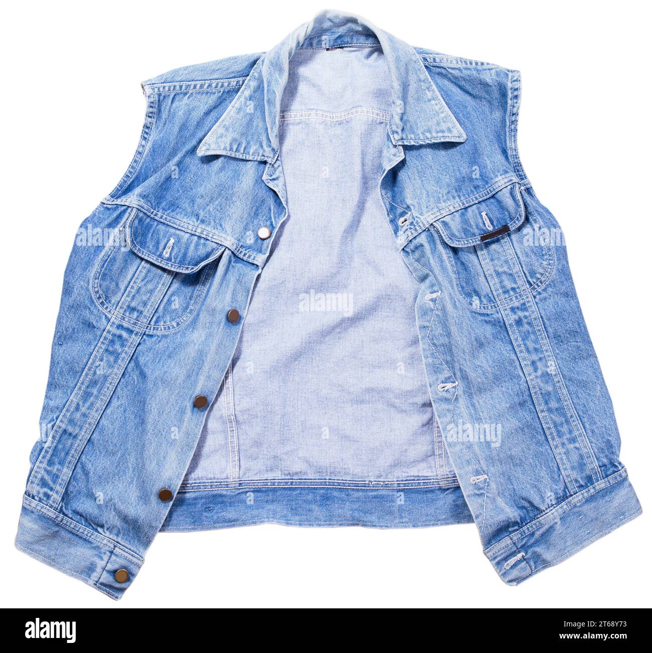 Blaue Denim-Weste auf weißem Hintergrund, Jeansweste isoliert auf weißem Hintergrund, Sommerbekleidungselement Stockfoto