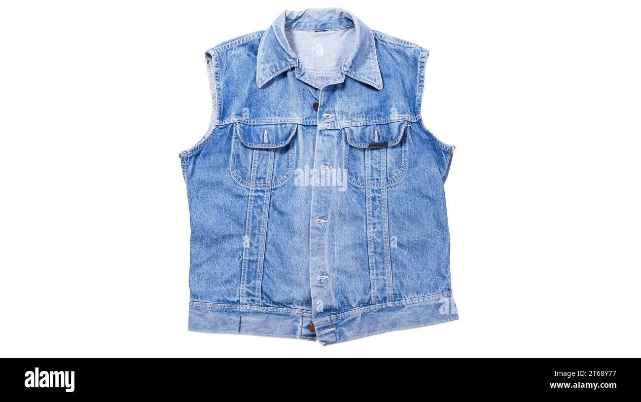 Blaue Denim-Weste auf weißem Hintergrund, Jeansweste isoliert auf weißem Hintergrund, Sommerbekleidungselement Stockfoto