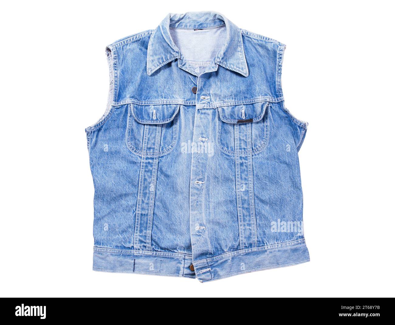 Blaue Denim-Weste auf weißem Hintergrund, Jeansweste isoliert auf weißem Hintergrund, Sommerbekleidungselement Stockfoto
