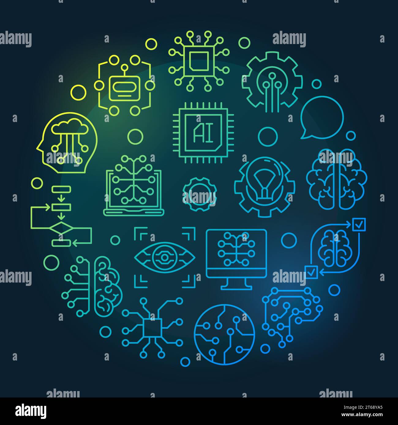 Künstliche Intelligenz, runde vektorfarbene Strichdarstellung. Lineare Symbole der KI-Technologie in Kreisform auf dunklem Hintergrund Stock Vektor