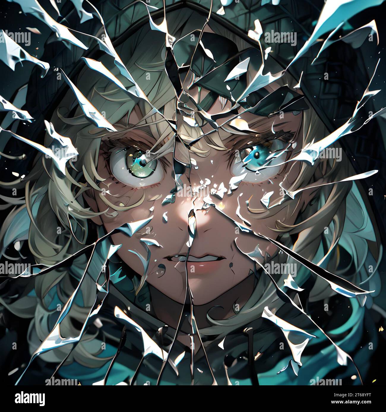 Eine Illustration eines gebrochenen Anime-Charakters, der Kopf und Augen in zwei Spalten zeigt Stockfoto