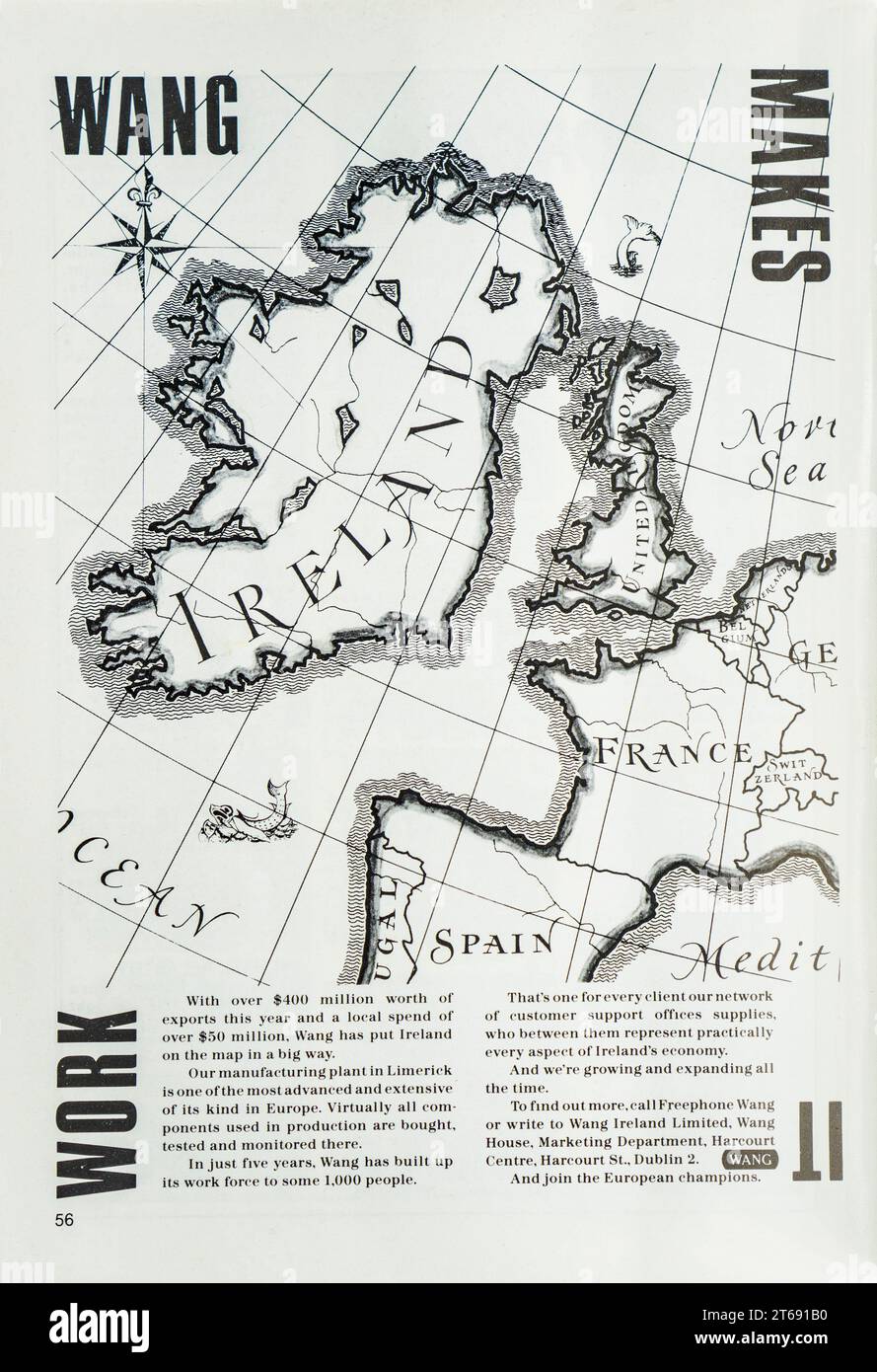 Eine Werbung für Wang Computers aus dem Jahr 1988 in Limerick, Irland. Das Unternehmen wurde 1976 in Irland gegründet und war an der Herstellung von Hardwarekomponenten für Textverarbeitungen und Computer beteiligt. Zu einer Zeit waren über 1400 Menschen in Limerick beschäftigt. 1992 meldete sich das Unternehmen jedoch für Software-Schutz und schloss sein Werk in Limerick. Stockfoto