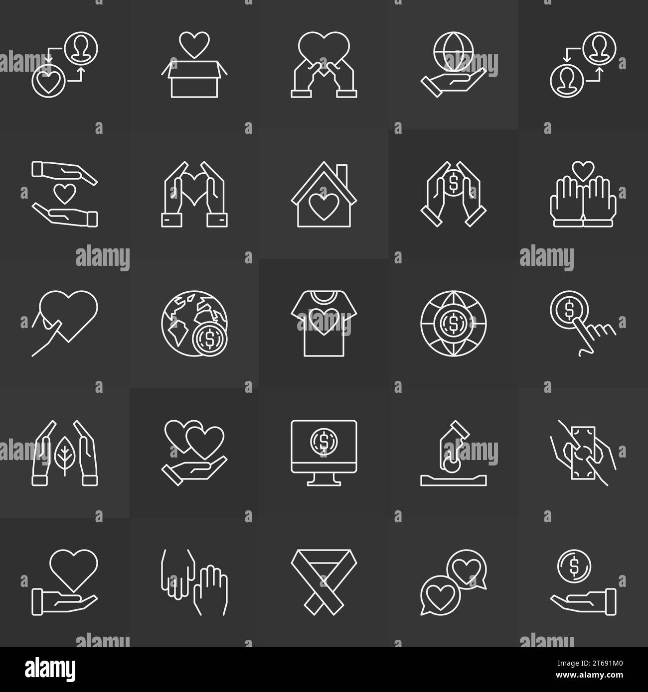 Spende- und Freiwilligenvektorsymbole Sammlung in dünner Linie auf dunklem Hintergrund Stock Vektor