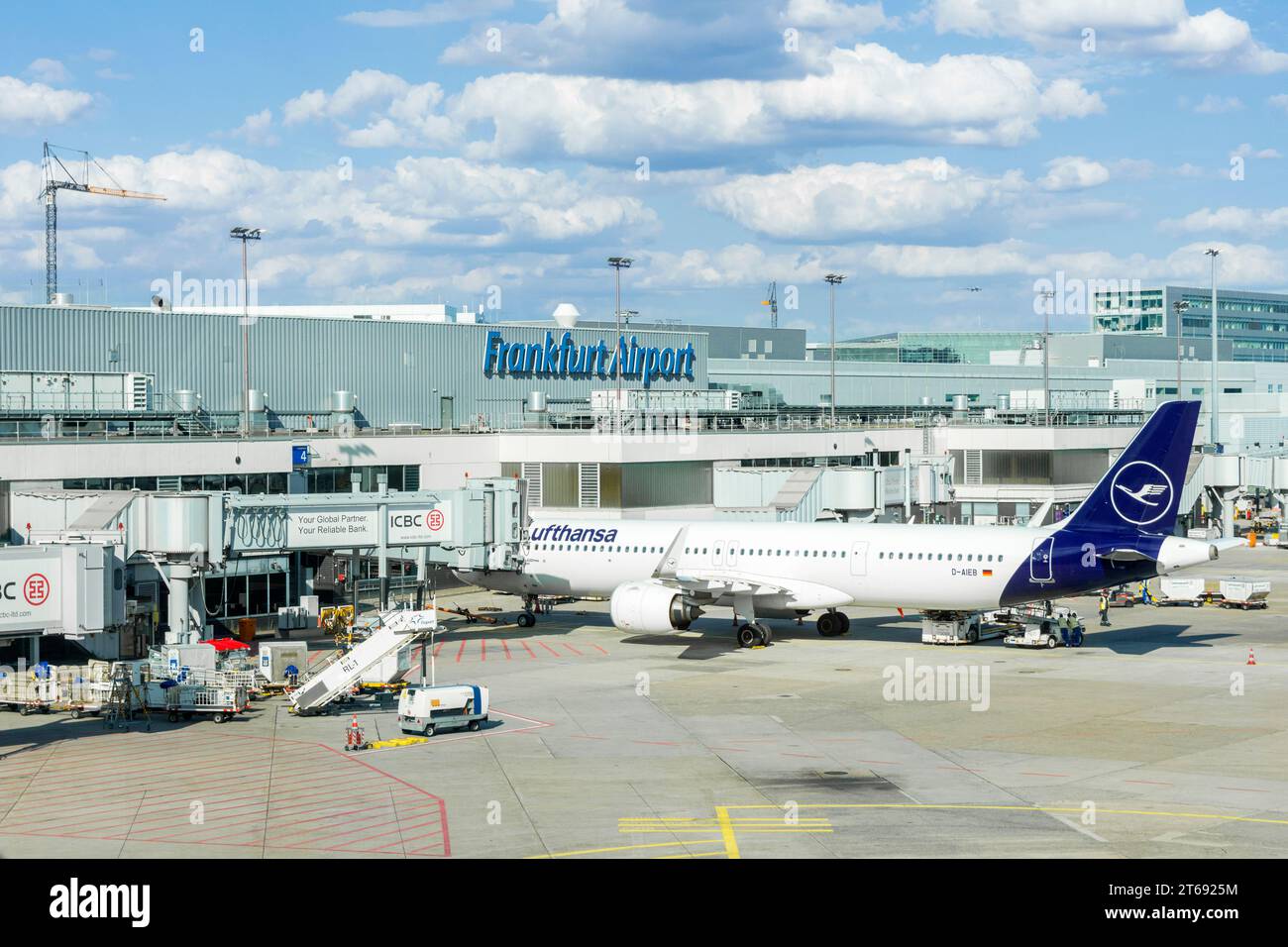 Das Flugzeug der Lufthansa parkt auf dem Vorfeld vor dem Terminal des Frankfurter Flughafens, Frankfurt, Deutschland Stockfoto