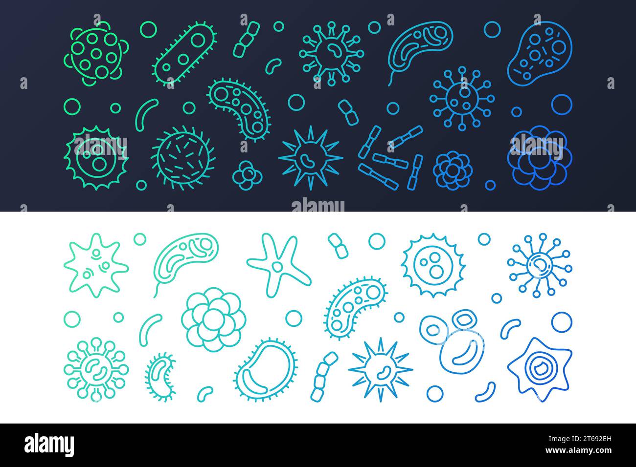 Satz von 2 Virus und Mikroorganismus horizontale farbige Banner Set. Illustration des Vektorkonzepts im Konturstil Stock Vektor