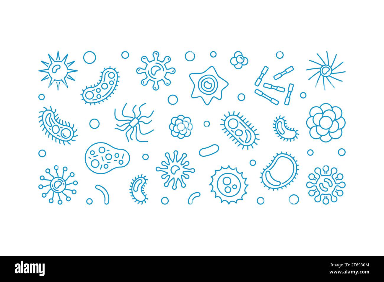 Bakterienvektor Konzept blaue horizontale Illustration oder Banner mit Mikrobe, Bakterium und Virus Symbole in dünner Linie Stil auf weißem Hintergrund gemacht Stock Vektor
