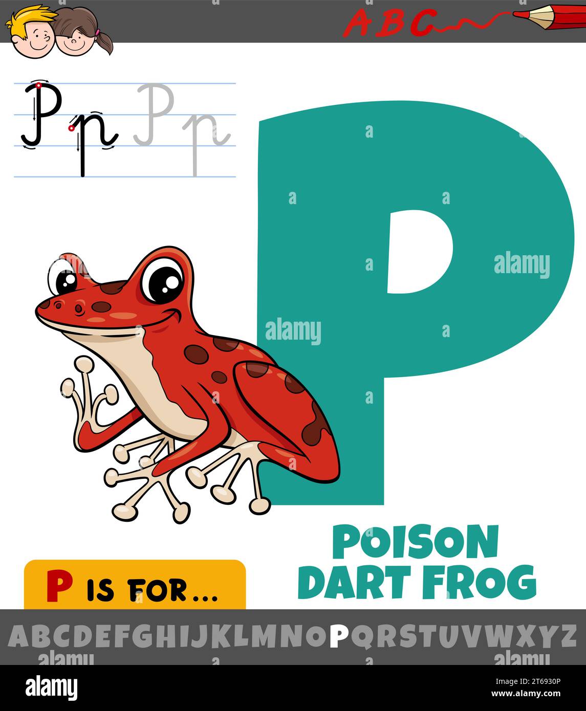 Pädagogische Zeichentrickillustration des Buchstabens P aus dem Alphabet mit Giftpfeilfrosch-Tiercharakter Stock Vektor