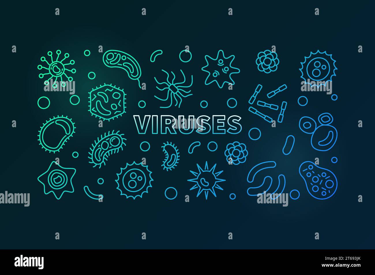 Viren farbiges horizontales Banner. Vektorkonzept Virus oder Pathogen helle Illustration in dünner Linie Stil auf dunklem Hintergrund Stock Vektor