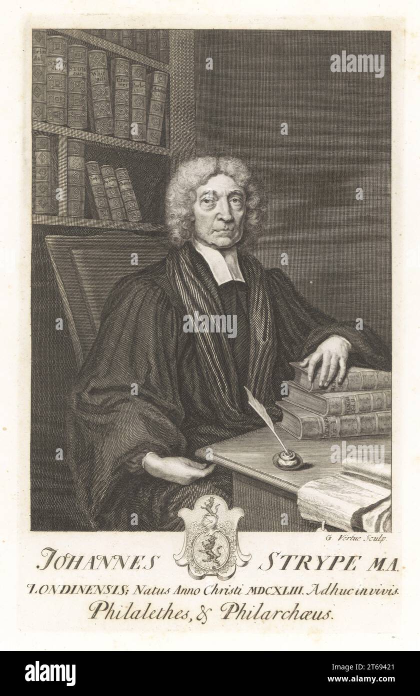 John Strype, englischer Geistlicher, Historiker und Biograph, 1643-1737. In kirchlichen Gewändern am Schreibtisch in seinem Arbeitszimmer mit Federstift, Schriftrollen und ledergebundenen Büchern. Johannes Strype, Philalethes & Philarchaeus. Originalplatte von George Vertue. Kupferstich aus der Samuel Woodburns Gallery mit seltenen Porträts bestehend aus Original Plates, George Jones, 102 St Martins Lane, London, 1816. Stockfoto