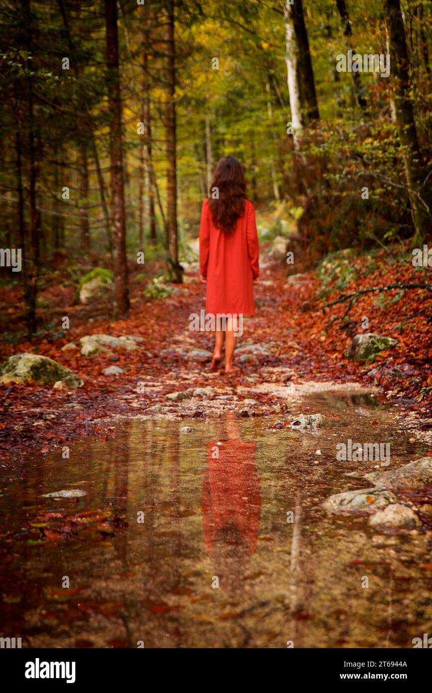 Frau in rotem Kleid, die barfuß durch einen Herbstwald geht Stockfoto