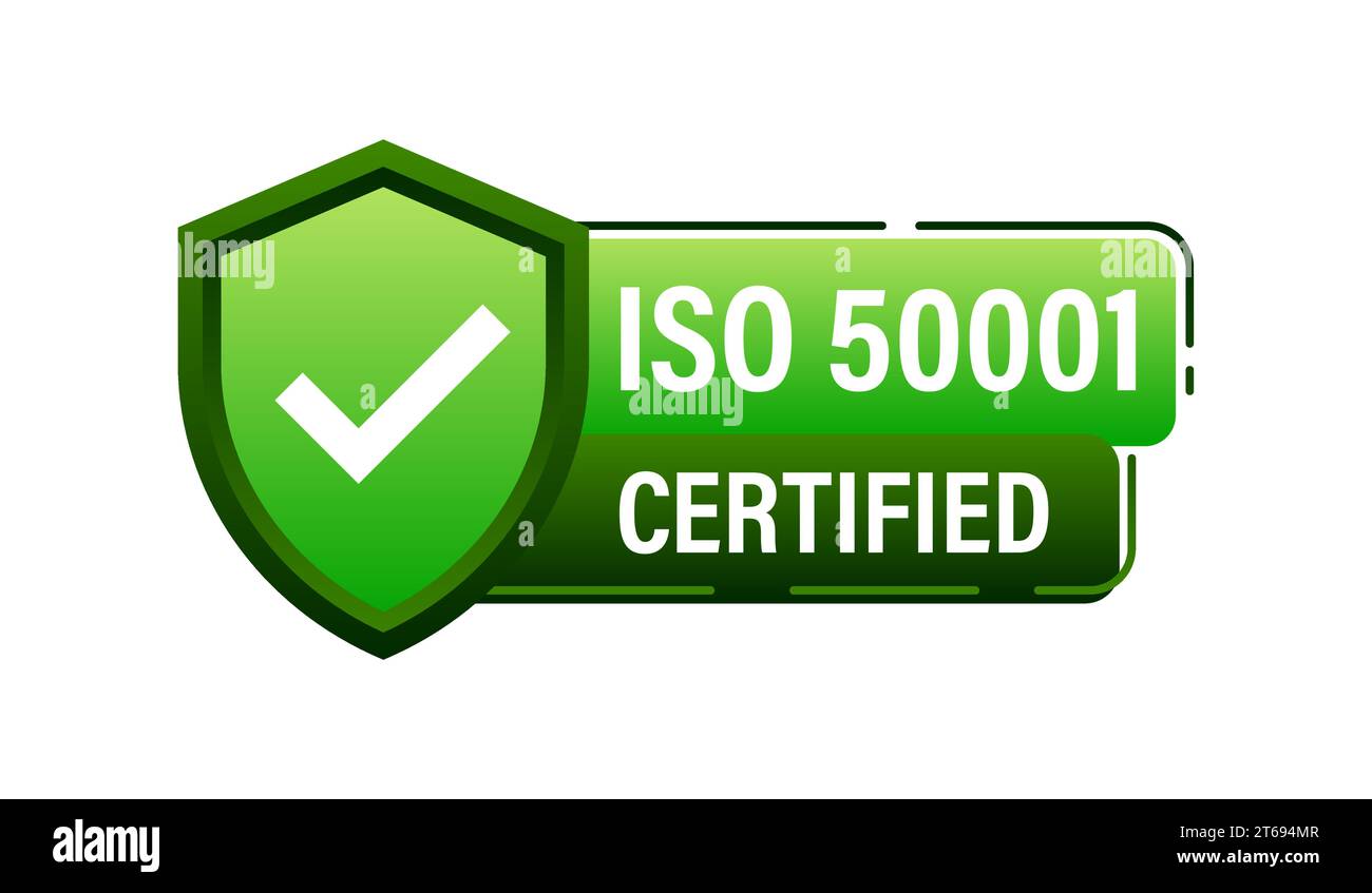 Grüne Vektorgrafik für das ISO 50001-Qualitätsmanagement-Zertifizierungsabzeichen Stock Vektor
