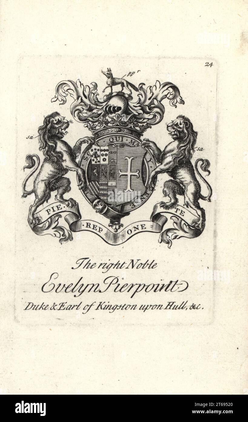 Wappen und Wappen des rechten Adligen Evelyn Pierpoint, Herzog und Earl of Kingston upon Hull, 1655-1726. Kupferstich von Andrew Johnston nach C. Gardiner aus der Notitia Anglicana, Die Die Errungenschaften des gesamten englischen Adels Andrew Johnson, The Strand, London, 1724 Ausmachte. Stockfoto