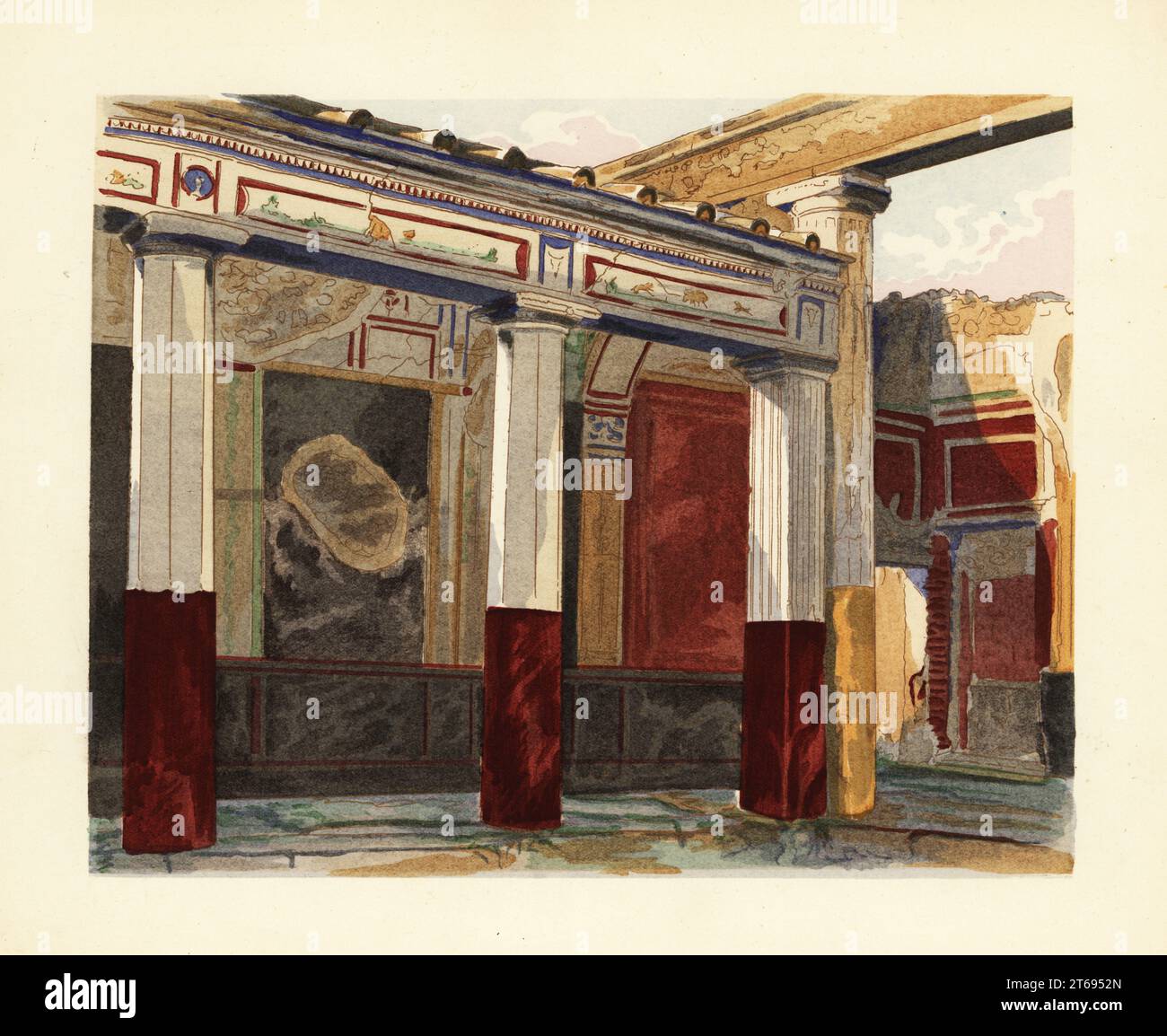 Rhodianischer Peristil des Hauses der Silbernen Hochzeit, Casa delle Nozze dArgento, Pompeji. Peristium rhodien de la maison dite des Noces dargent Region V.2. Lithographie von Pierre Guzman aus seiner eigenen Dekorationsmurale A Pompei, (Wanddekoration bei Pompeji), Editions Albert Morance, Paris, 1924. Stockfoto