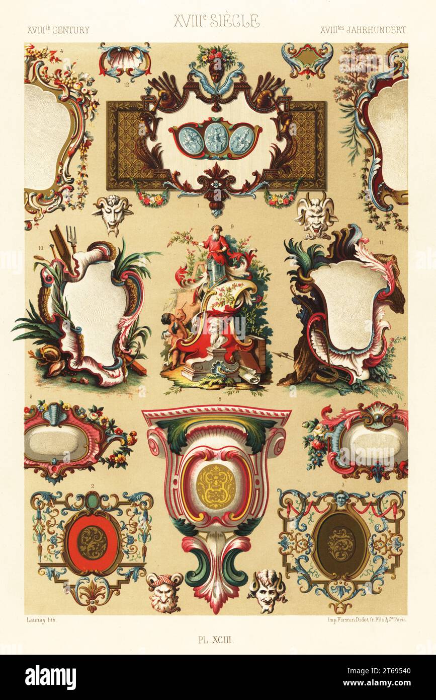 Kartuschen für Bücher, Bücherteller, Camaieu aus dem 18. Jahrhundert. Von den Künstlern Bernard Picart 2,3, Elias Nilson 9, Jacques de Lajoue 10,11. XVIIIe Siecle. Handgefertigte Chromolithographie von Launay von Albert-Charles-Auguste Racinets LOrnement polychrome, (polychromatisches Ornament), Firmin-Didot, Paris, 1869-73. Stockfoto