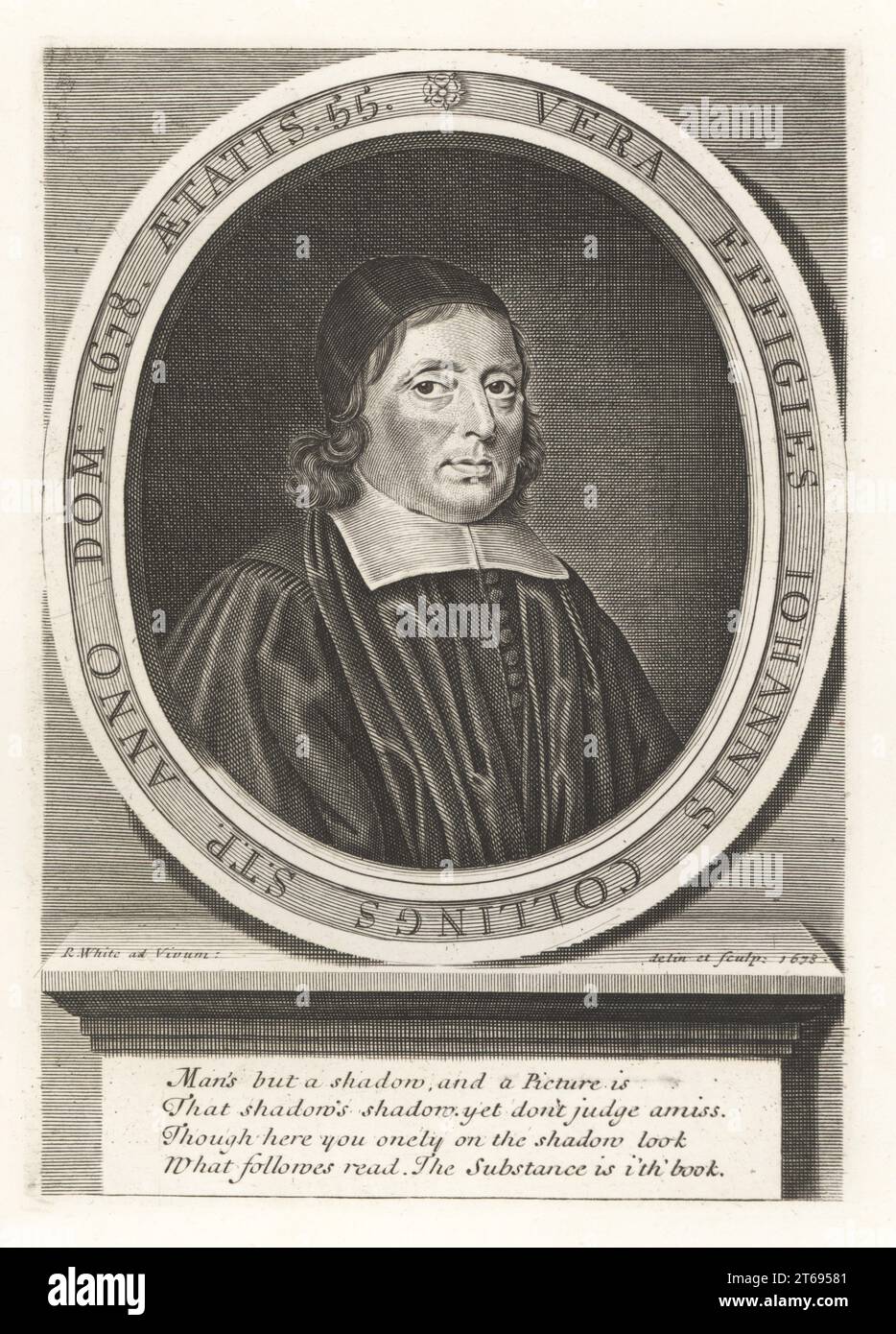 John Collinges, englischer presbyterianischer Theologe und Schriftsteller, 16231690. In Schädelmütze und kirchlichen Gewändern. John Collings, Johannis Collings STP AD 1678, Aetatis 55. Kupferstich von Robert White aus der Samuel Woodburns Gallery mit seltenen Porträts bestehend aus Original Plates, George Jones, 102 St Martins Lane, London, 1816. Stockfoto