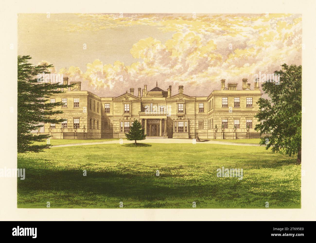 Swithland Hall, Leicestershire, England. Neoklassizistisches Haus, entworfen vom Architekten James Pennethorne, erbaut 1834 für George John Danvers-Butler, Earl of Lanesborough. Farbholzblock von Benjamin Fawcett im Baxter-Prozess einer Illustration von Alexander Francis Lydon von Reverend Francis Orpen Morriss malerische Ansichten der Sitze von Adligen und Herren von Großbritannien und Irland, William Mackenzie, London, 1880. Stockfoto