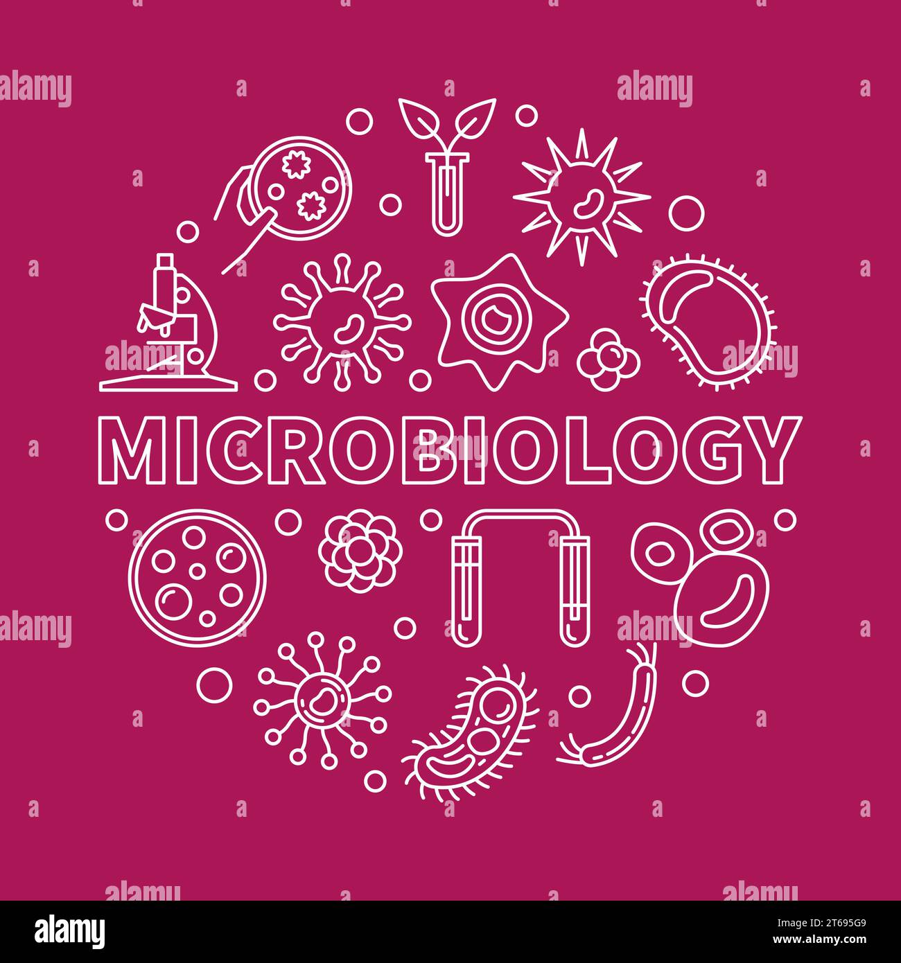 Mikrobiologie-runder Vektorkonzeptwissenschaftliche Illustration im Umrissstil auf rotem Hintergrund Stock Vektor